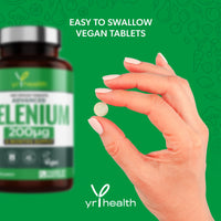 Selenium 200mcg Tablets - 180 Vegan Society Registered Pills, for Thyroid and Immune Health, Hair, Skin and Nails - 6 Month Supply Tablets Not Capsules - Made in The UK by YrHealth