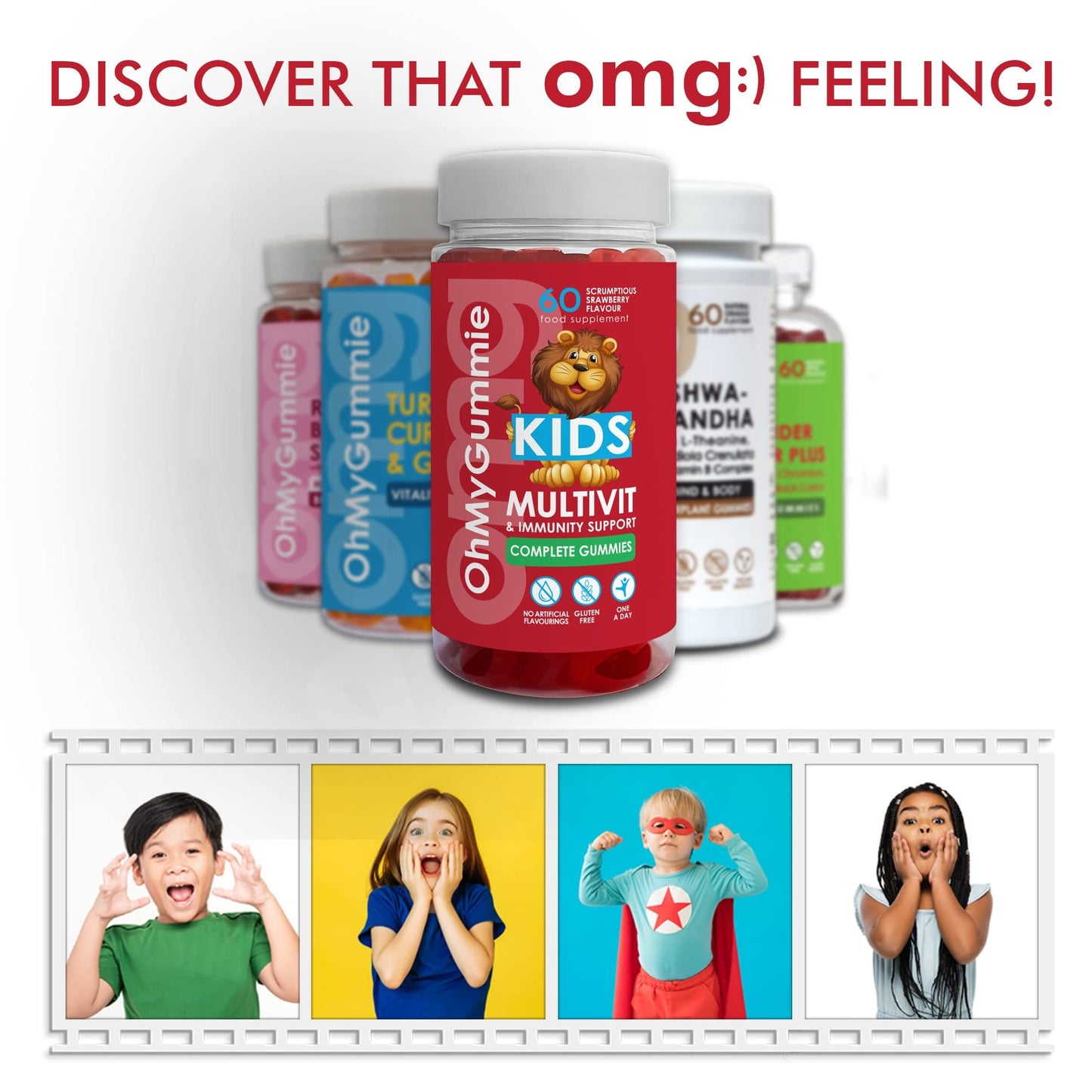OMG! Kids Multivitamins + Immune Support Complete Gummies - Scrumptious Strawberry Flavour by OhMyGummie 12 Vitamins & Minerals (A, C, D, E, B5, B6, B9, B12, Zinc) 2 Month Supply, 1