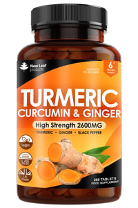 NEW LEAF PRODUCTS Turmeric Tablets 2600mg High Strength with Black Pepper & Ginger (6 Months Supply) Active 95% Turmeric Curcumin Supplements 365 Tablets Not Capsules, Vegan, UK Made by New Leaf
