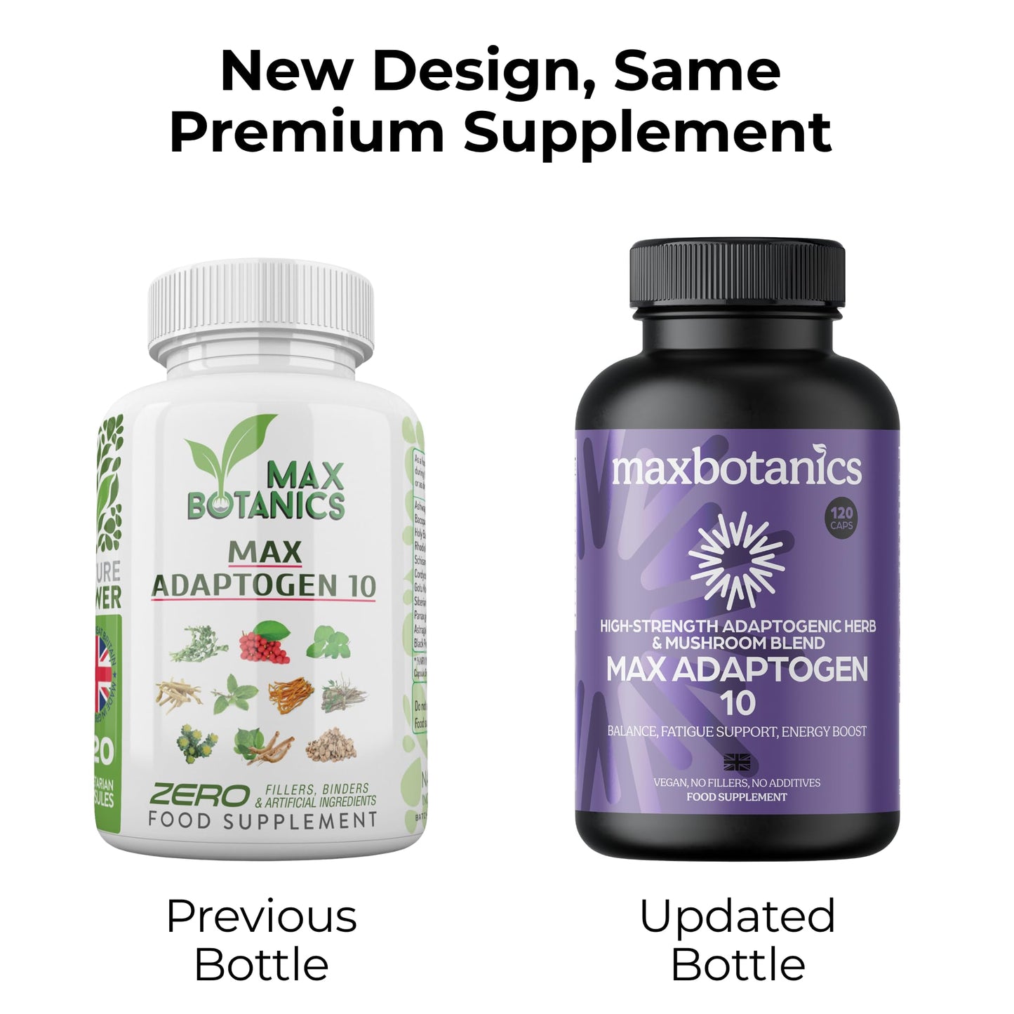 Max Botanics Max Adaptogen 10 Balance, Fatigue, Energy Boost & Stress Support 10-Herb Adaptogen High Strength Mushroom Blend with Ashwagandha, Rhodiola & Ginseng Natural Vegan UK Made (120 Capsules)