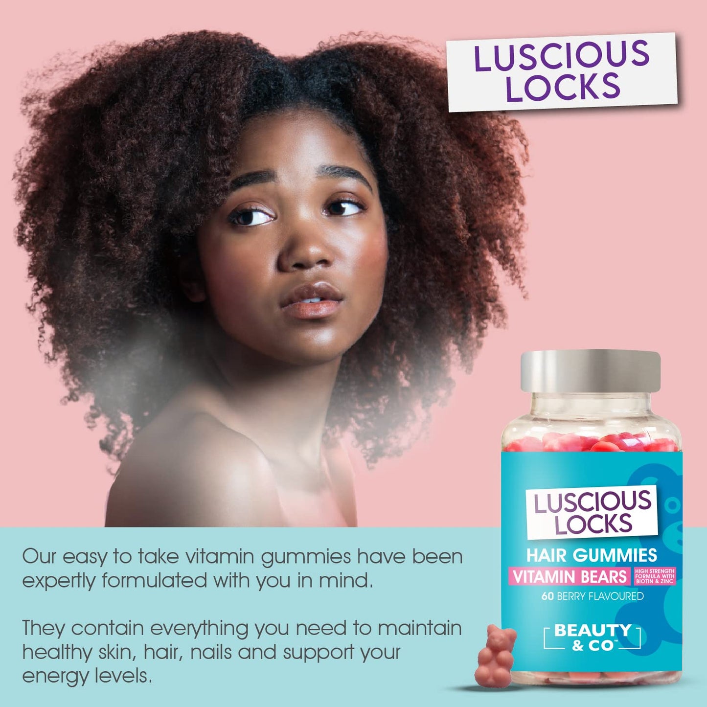 Beauty & Co Hair Gummies with Biotin & Zinc 120 Berry Flavour Beauty&Co. Luscious Locks Gummies - 4 Months Supply (120)