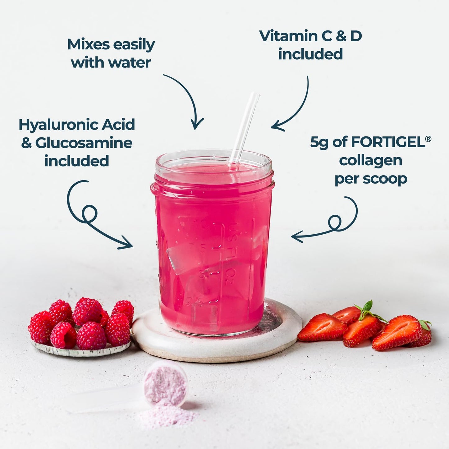 Kinetica Collagen Powder Joint & Muscle Support Complex FORTIGEL Bovine Collagen peptides, 320mg Vitamin C, 5μg Vitamin D, 100mg Hyaluronic Acid, 500mg Glucosamine Sulphate, Berry Flavour, 350g