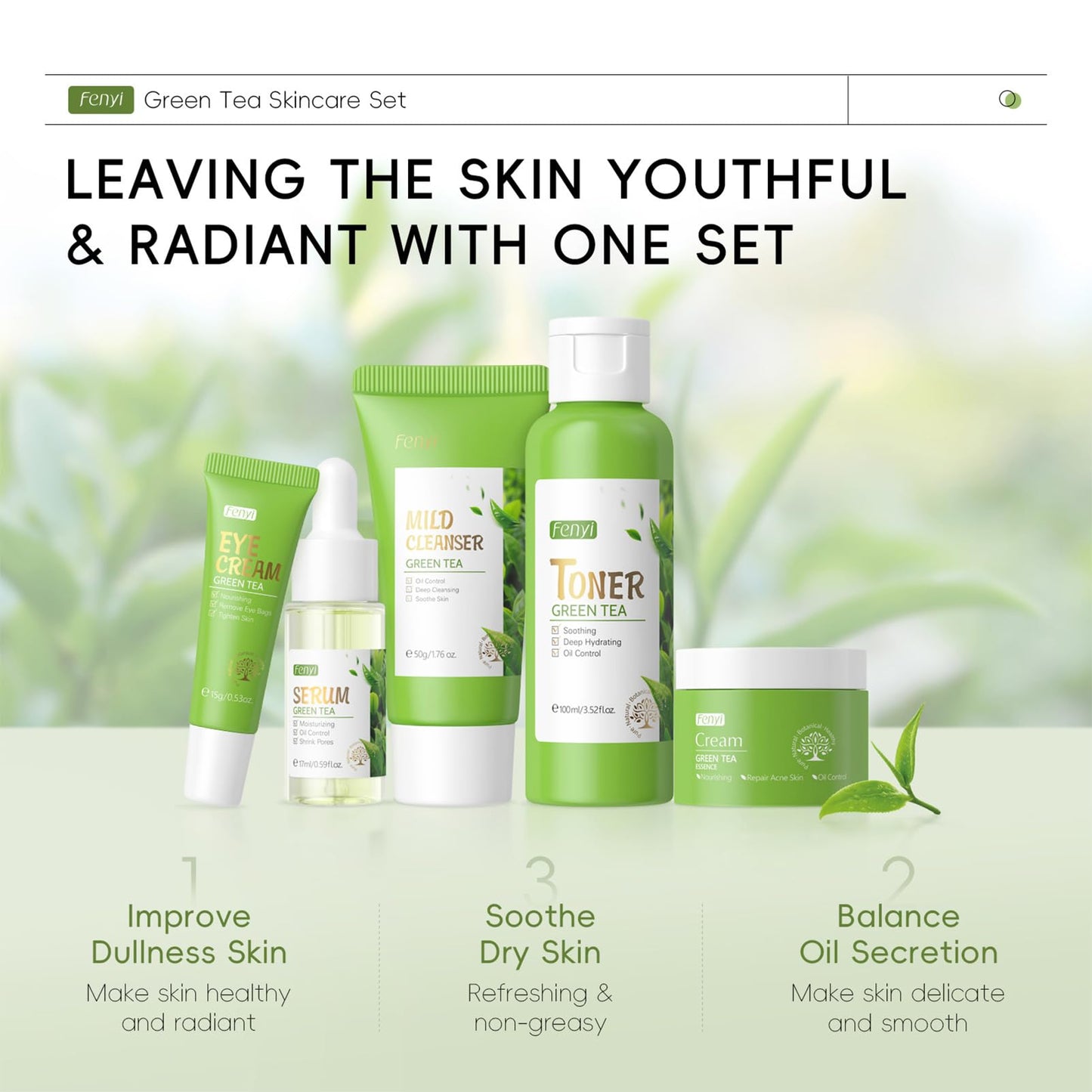 Green Tea Skincare Set For Teenage Girls, Green Tea Facial Kit With Cleanser,Toner,Eye Cream,Face Cream,Serum, Beauty Gifts For Women Girls, Skin Care Sets & Kits, Reduce Acne, Smooth