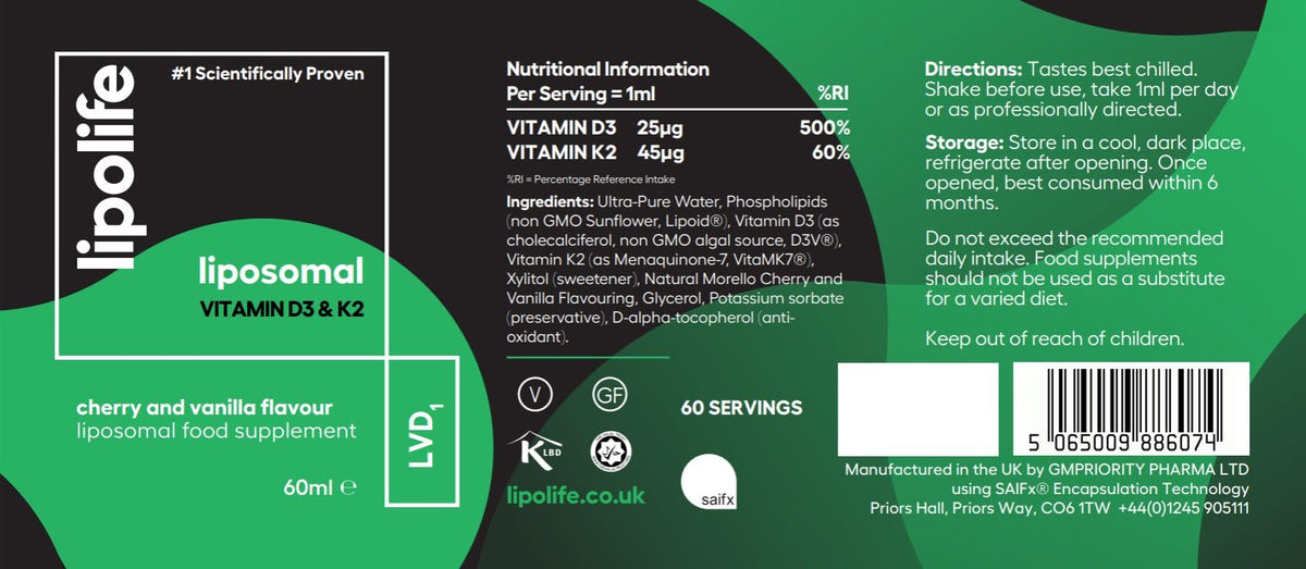 Lipolife Liposomal Vegan Vitamin D3 and Vitamin K2 Liquid - Cherry & Vanilla Flavour. Advanced Nutrient Absorption. Made in the UK. 60 Servings. lipolife LVD1