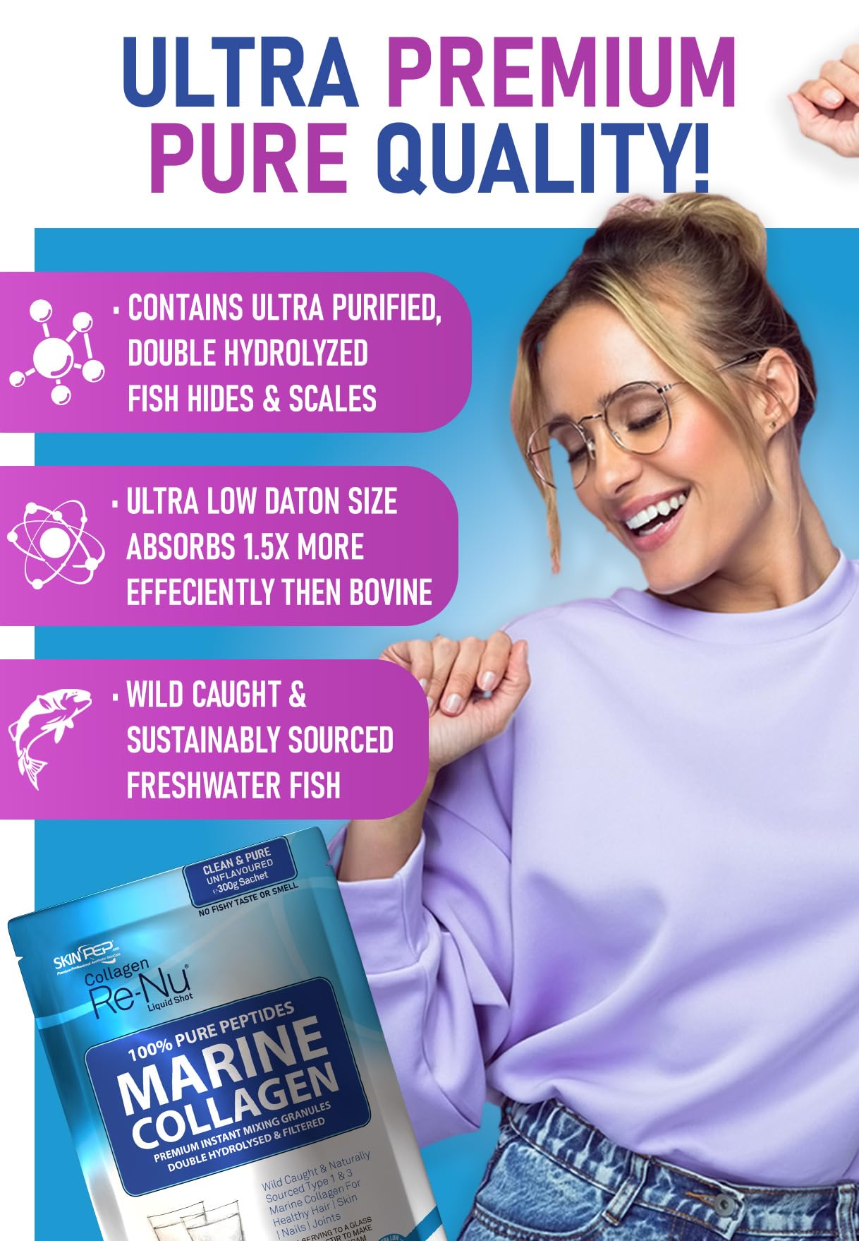 Skin Pep Marine Collagen Powder Clean Unflavoured - 10,000mg Double Hydrolysed Collagen Peptides per Serving - Ultra Premium for Maximum Absorption Hair, Skin & Nails - 300g, 30 Servings by SkinPep