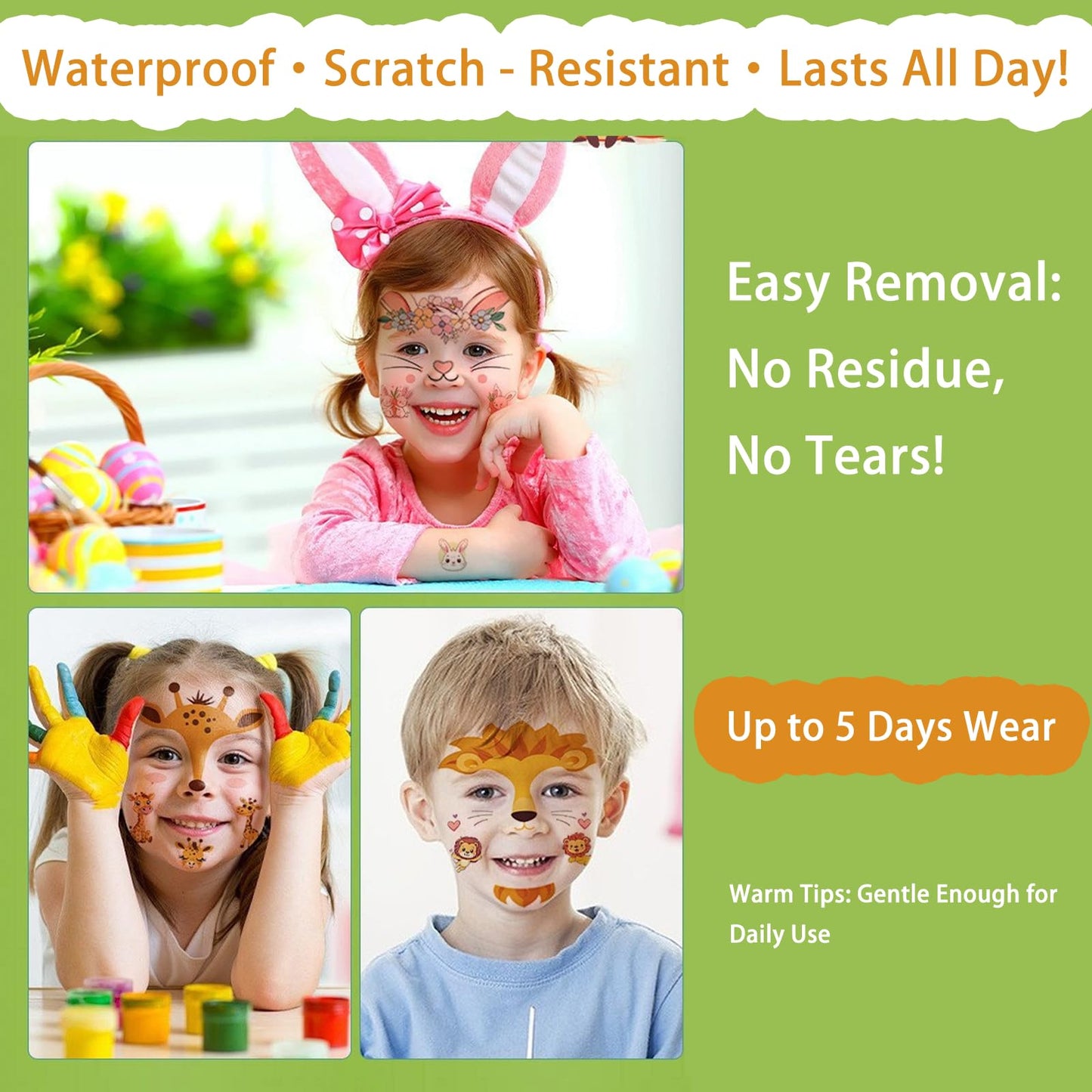 AmiCera Kids Tattoos, 10 Sheets Glitter Face Tattoos for Kids, Temporary Fake Tattoo for Party Festival Birthday, Quick Face Painting Makeup, Water Transfer, Safe & Long Lasting, Cute Animal Stickers