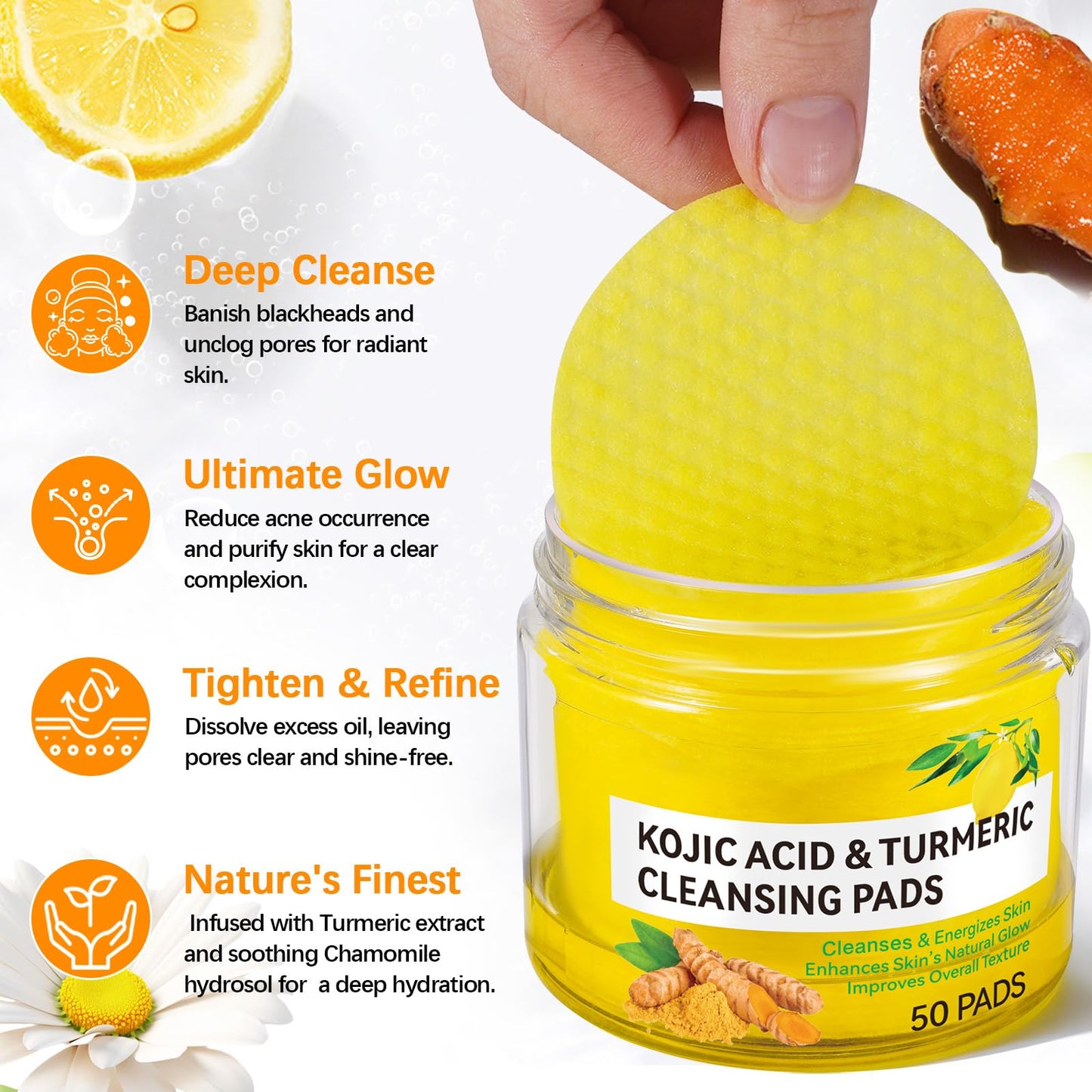 Kojic Acid and Turmeric Pads,Turmeric kojic Acid Pads for Face, Turmeric and Kojic Acid Cleansing Pads,Turmeric Cleansing Pads for Dark spots, Exfoliating, Acne Scars (50 PCS)