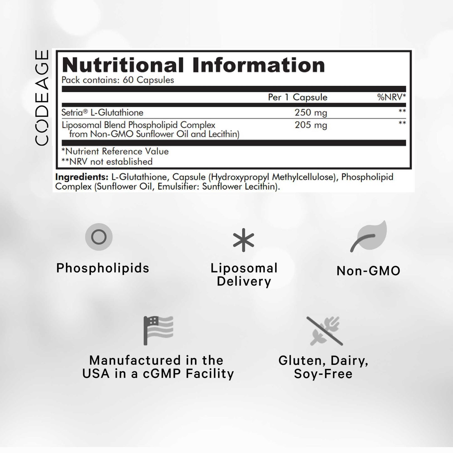 Codeage Liposomal Glutathione Supplement - Pure Reduced Setria L Glutathione Skin - Nano Encapsulated Glutathione Powder Pills - Phospholipids - Antioxidant Complex - Vegan, Non-GMO - 60 Capsules