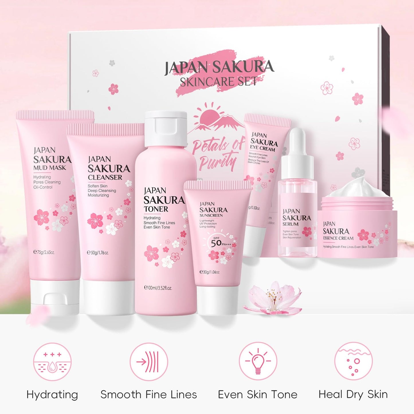 Ingzy Sakura Skin Care Sets & Kits for Teenage Girls, 7 Piece Cherry Blossom Skincare Gift Set with Cleanser, Face Toner, Face Cream, Serum, Eye Cream, Mud Mask, Sunscreen