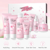 Ingzy Sakura Skin Care Sets & Kits for Teenage Girls, 7 Piece Cherry Blossom Skincare Gift Set with Cleanser, Face Toner, Face Cream, Serum, Eye Cream, Mud Mask, Sunscreen