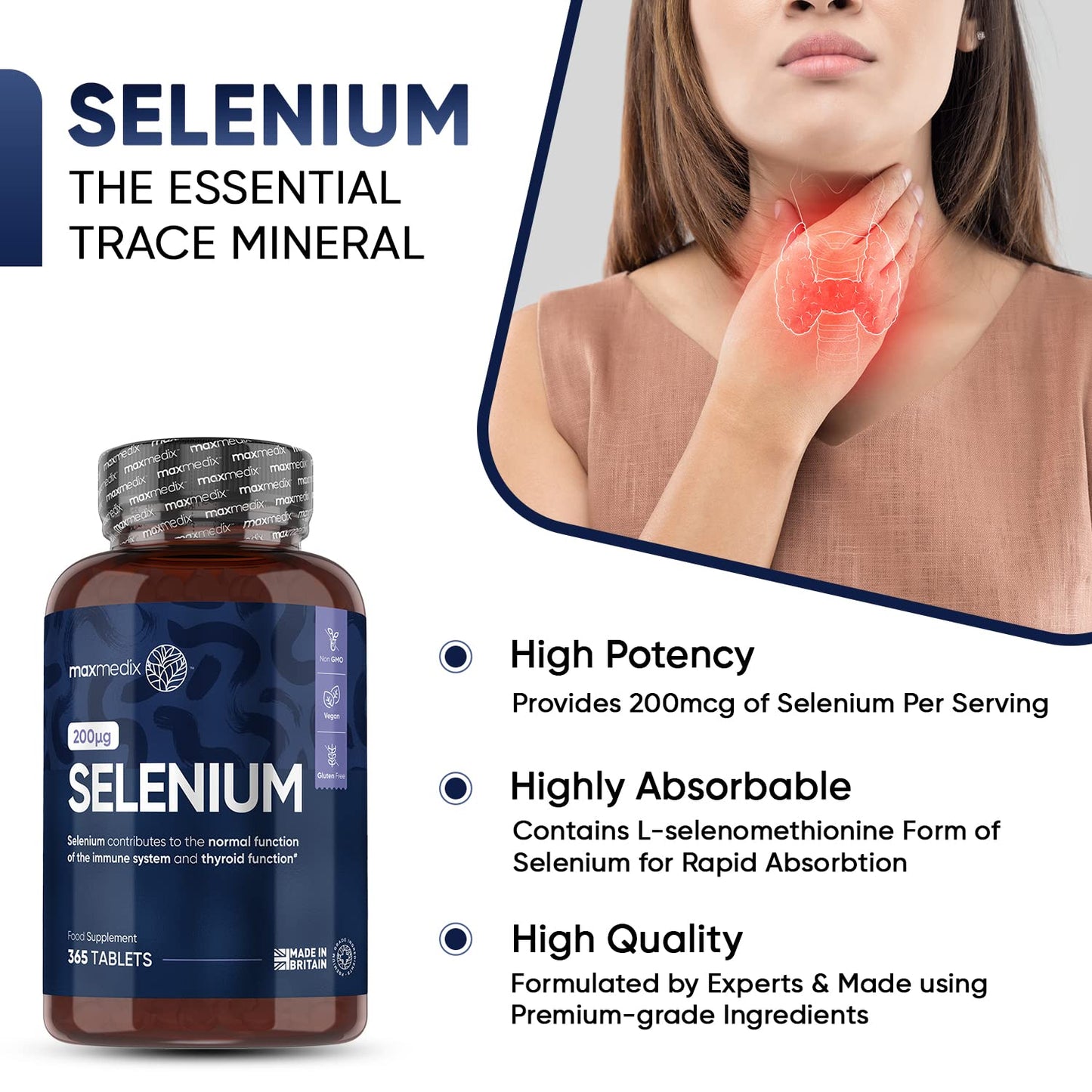 Selenium 200mcg - 365 Selenium Tablets (1 Year Supply) - Yeast Free Selenium Supplements - L-Selenomethionine - Natural Immune System & Thyroid Supplements - Hair and Nail Supplements for Women & Men
