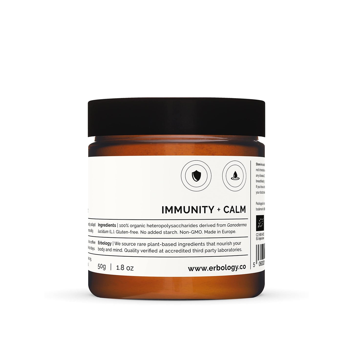 Erbology 100% Organic Reishi Mushroom Powder 50 Servings - 21% Beta-glucans - Immunity Support - Ganoderma Lucidum - Small Batch - Sustainably Grown in Europe - Vegan - Non-GMO - No Added Fillers