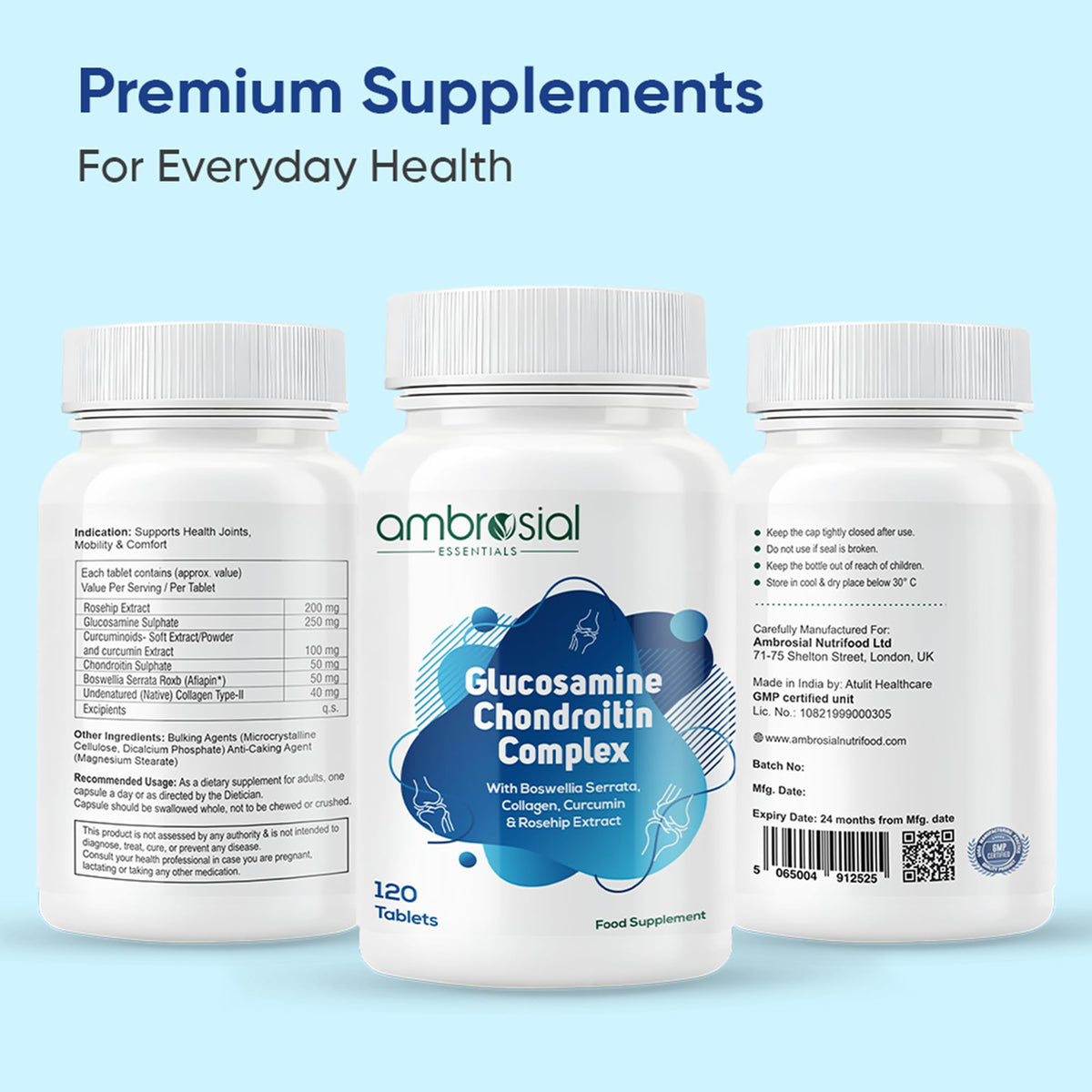 AMBROSIAL Ambrosial Glucosamine Chondroitin High Strength with Collagen, Curcumin, Boswellia & Rosehip – 6-in-1 Formula for Men & Women – Non-GMO, GMP Certified, 120 Tablets (4 Months Supply)