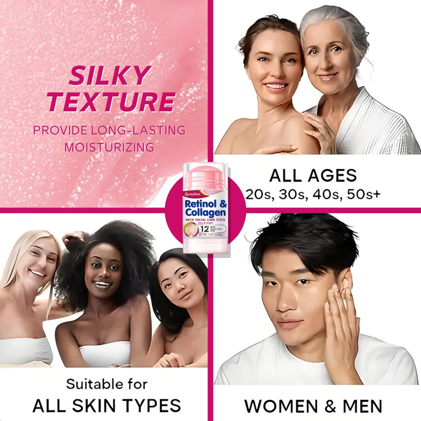 Retinol & Collagen Stick for Face Neck Firming Cream, Moisture Glow Multi Balm Stick, Collagen Face Cream for Anti Wrinkles, Retinol Sticks, Neck Tightening Cream, Moisturizing, 40g