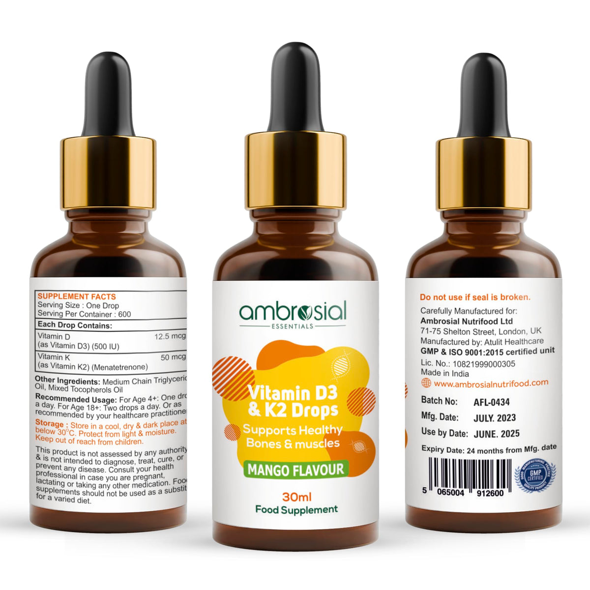AMBROSIAL Ambrosial Vitamin D3 + K2 Drops – High Strength Liquid Supplement for Adults & Kids – 500 IU Vitamin D3 + 50 mcg Vitamin K2 – Mango Flavour, Gluten Free, Non-GMO, Easy-to-Take Vitamin D Liquid – 30 ml