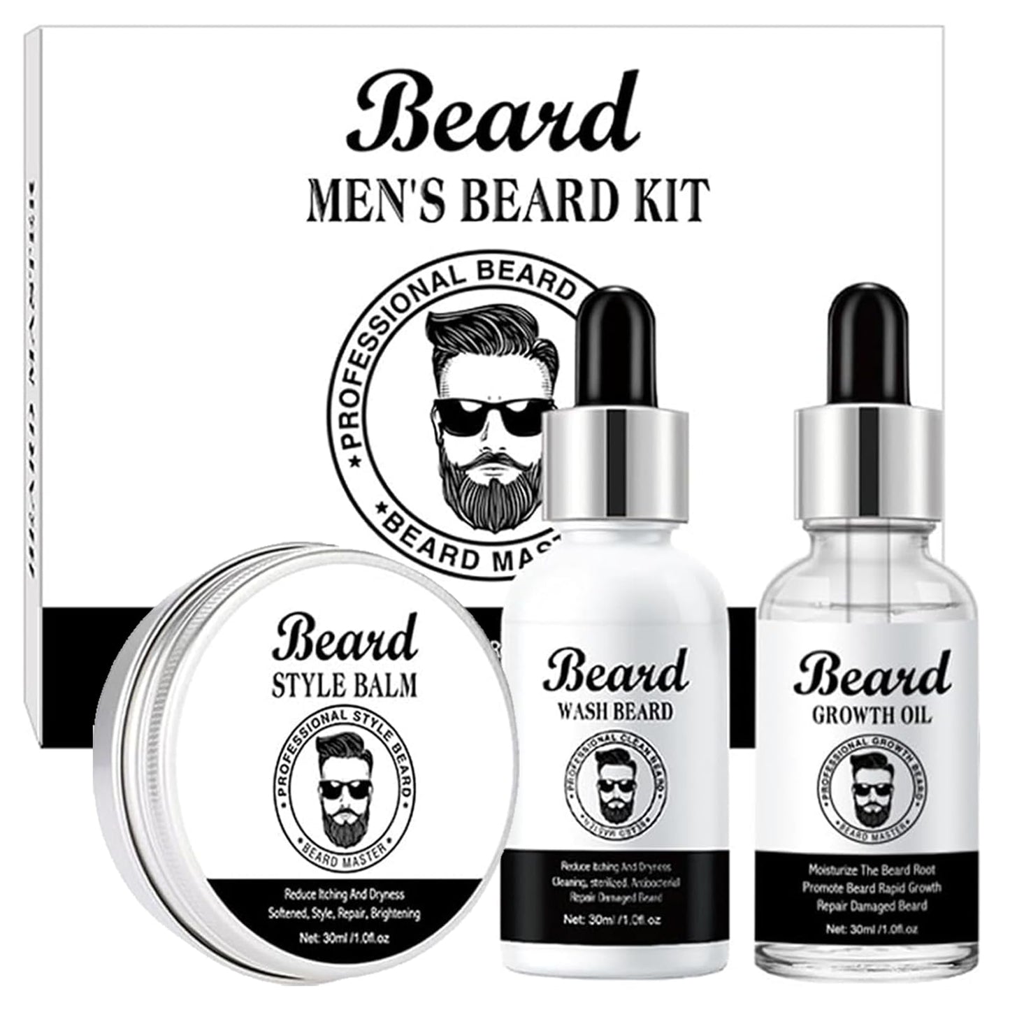 Men's Beard Grooming Kit with Shampoo, Oil, Balm - Complete Beard Care Set for Growth, Moisturizing, Styling - Valentine's Day, Father's Day, Birthday gifts - Complete beard care for men
