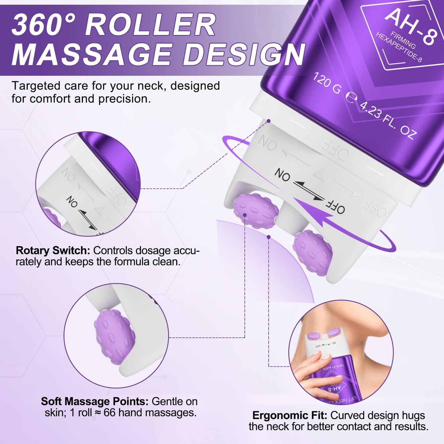 AH8 Firming Neck Cream Tightener Built-in 360 Degree Massage Roller for Lifting & Firming Turkey Neck/Face/Eye/Chest, Reducing Wrinkle/Fine Lines, Moisturizing & Hydrating & Smoothing|120G/4.23 Oz