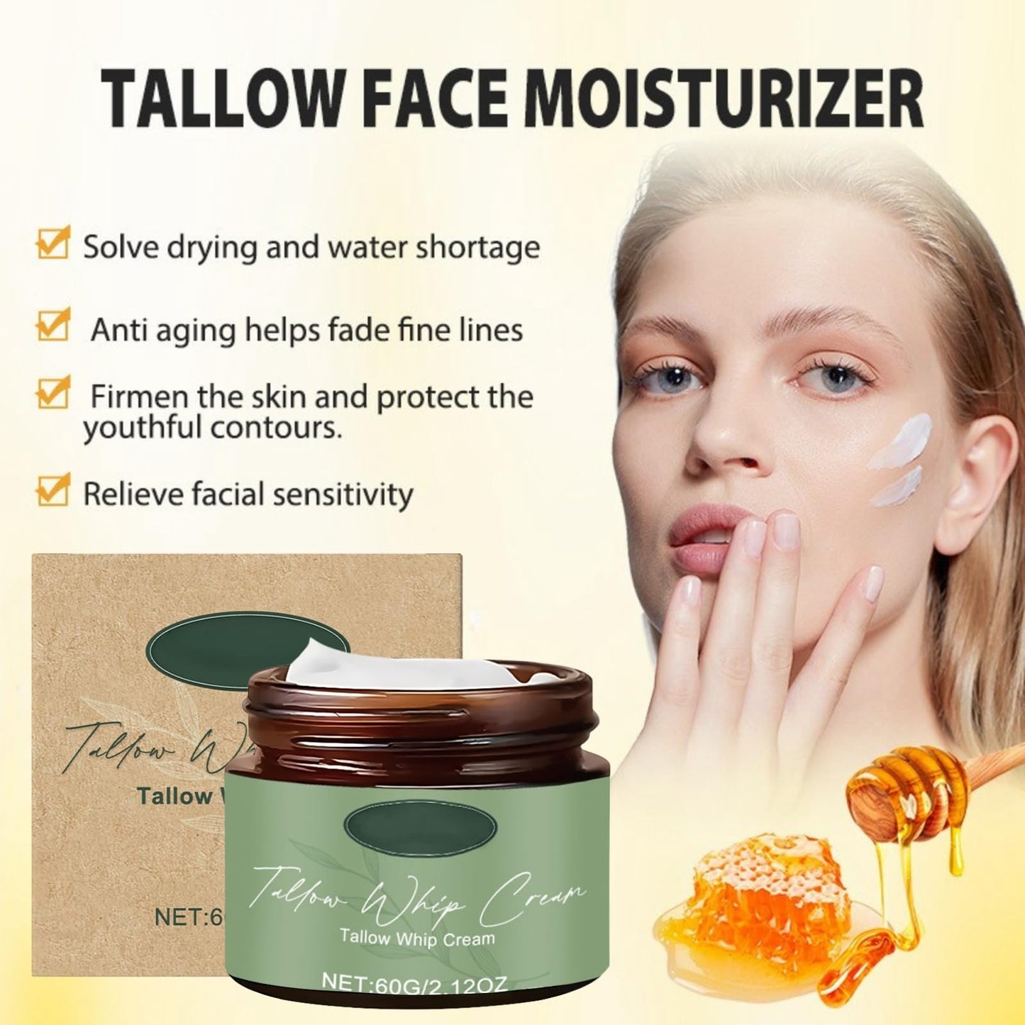 Cureluxe Natural Organic Beef Tallow Cream,Tallow Face Cream with Grass Fed Beef Tallow,Honey,Castor Oil,Tallow and Honey Balm for Face&Body,Beef Tallow for Skin,Deeply Nourishing Beef Tallow Moisturiser