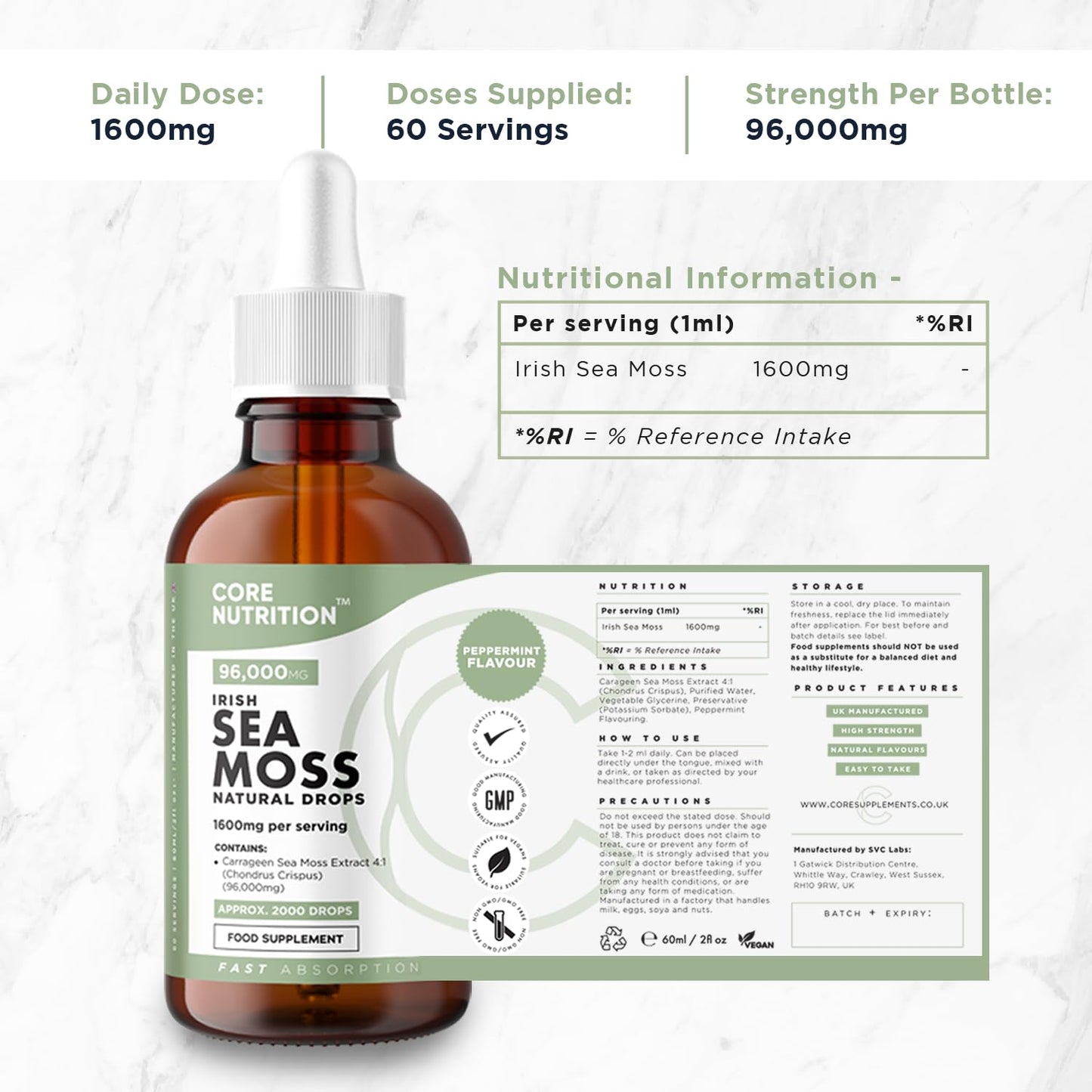 Irish Sea Moss Supplement Liquid Drops - High Strength of 96,000mg per 60ml Bottle at 4X Concentration - Vegan - 2 Month Supply of Premium Sea Moss Extract - Made in UK by Core Nutrition (Single Pack)