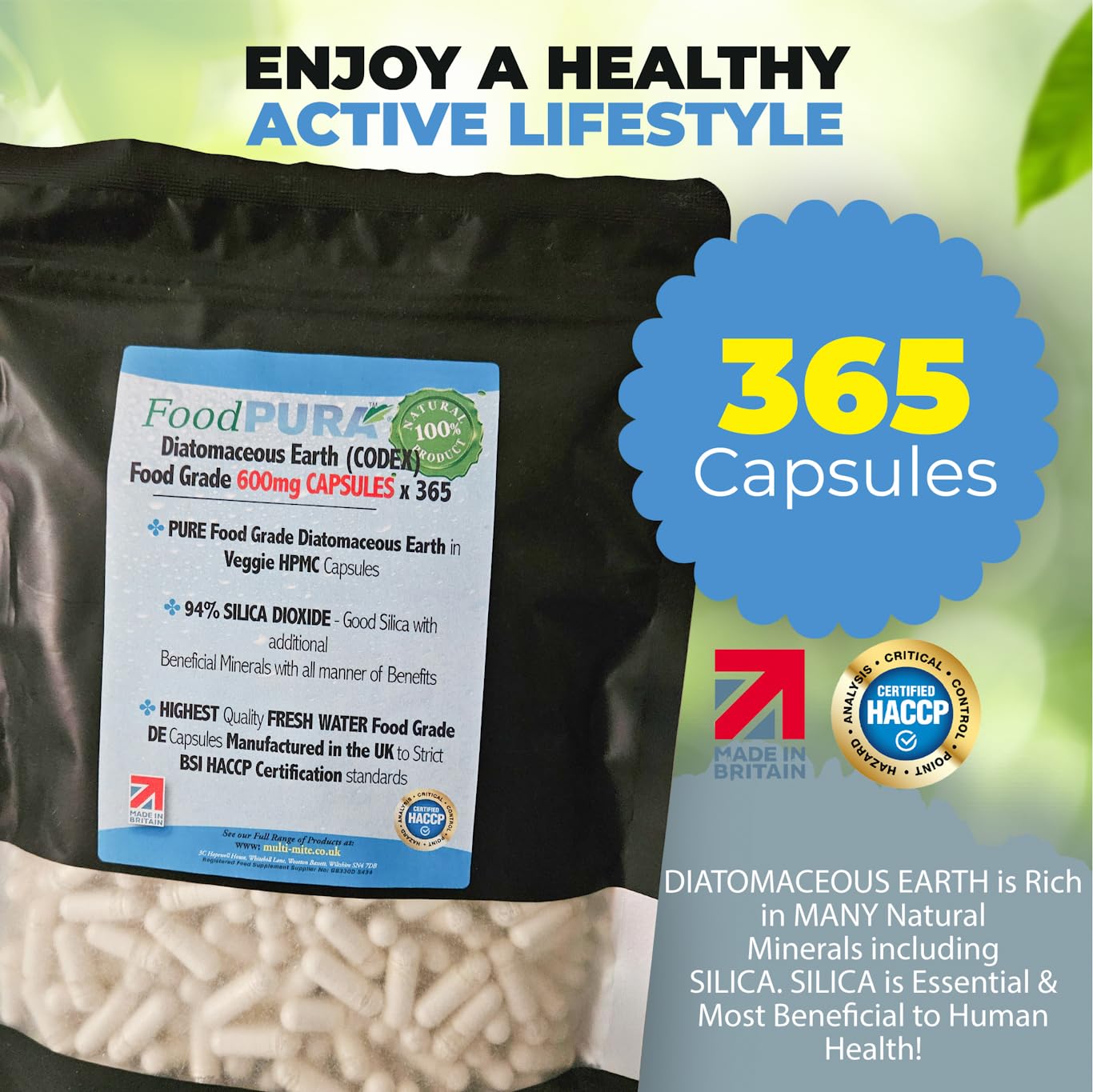 FoodPURA Food Grade Diatomaceous Earth Capsules (Codex) Pure White 94% Silica Fresh Water Sourced 600mg (365)