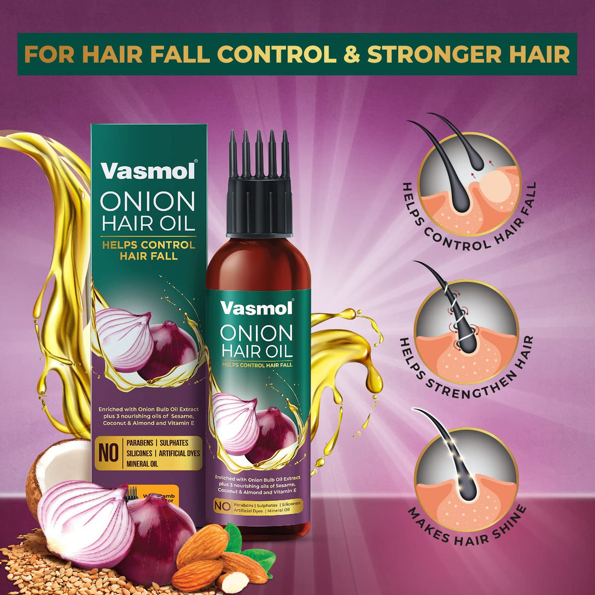 Vasmol Onion Hair oil | Helps control hair fall I Strengthens hair I Enriched with Coconut oil, Sesame oil, and Almond Oil I For shiny smooth hair I 200ml