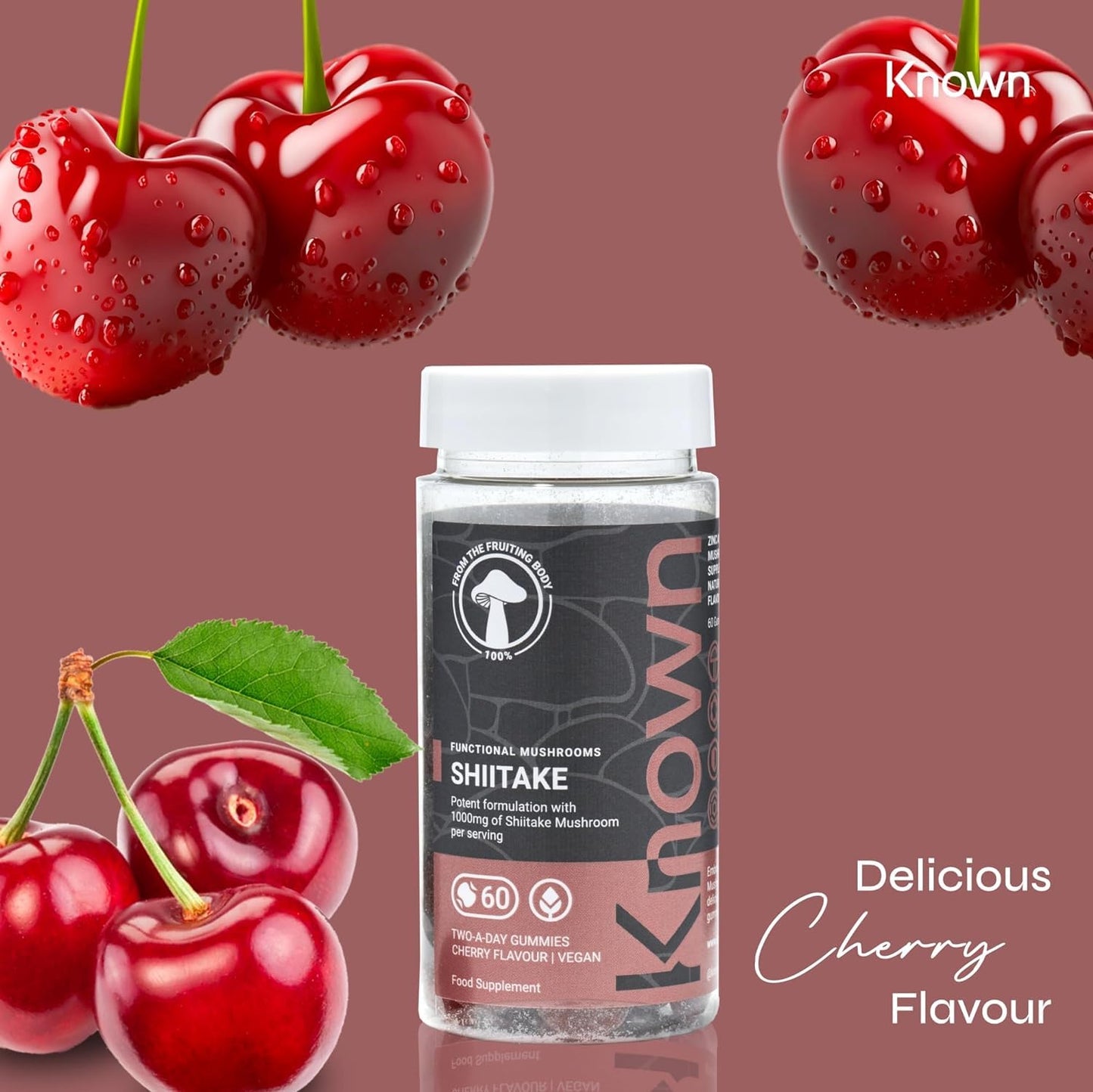 Shiitake 1000mg Mushroom Gummies by Known Nutrition | Natural Immune Support | Delicious Natural Cherry Flavour | 60 Two-a-Day Vegan Gummies (One Month’s Supply) (Shiitake)