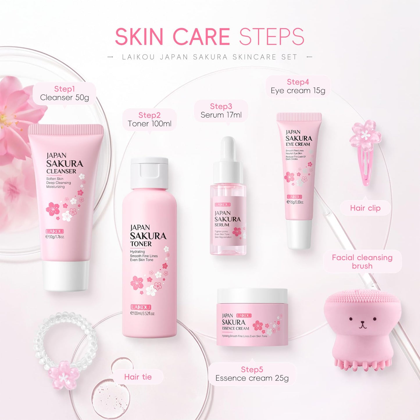 SkinCare Set, JAPAN Sakura Skin Care Sets & Kits, Cleanser, Toner, Serum, Eye Cream, Face Cream, Hair Clip&Tie, Facial Cleansing Brush, Skin Care Gift Set, Hair Care Gift Set for Teenage Girls(8pcs)
