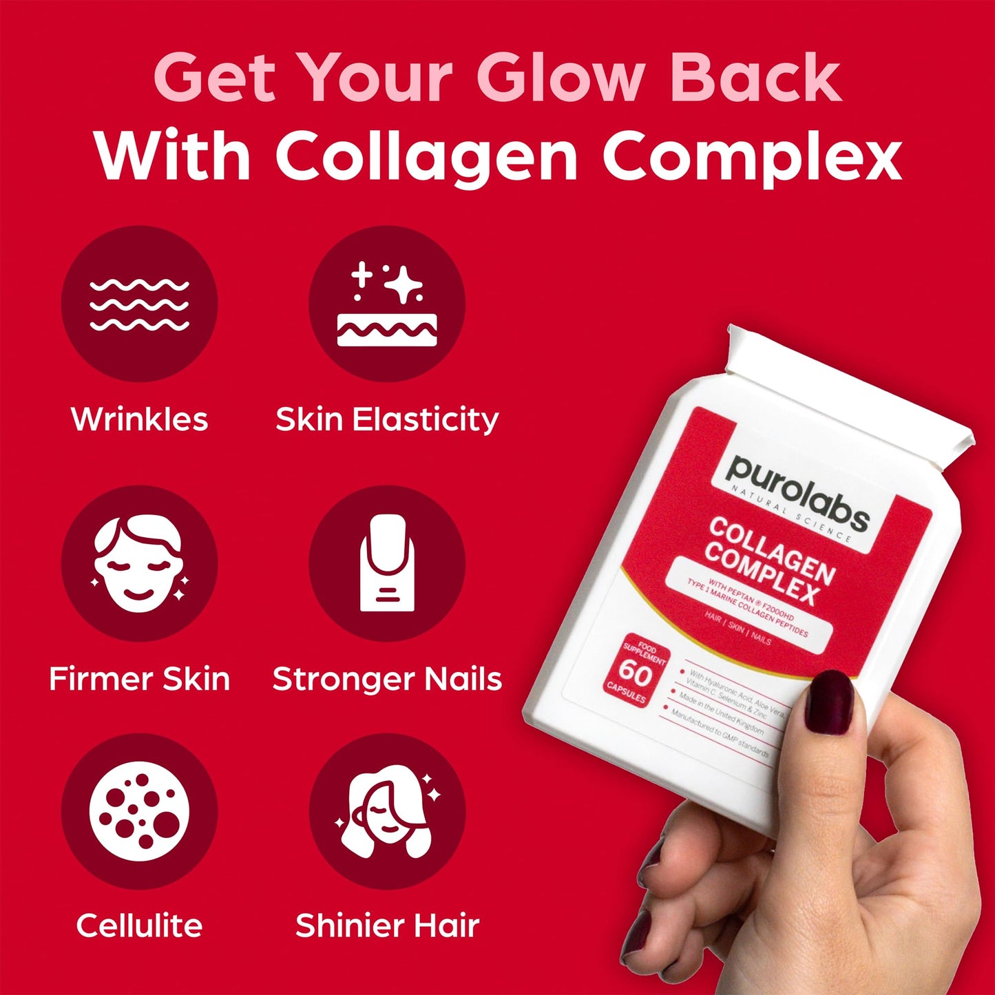 Purolabs Marine Collagen Complex - Collagen Supplement for Women & Men - with Hyaluronic Acid & Vitamin C - High Strength Type 1 Hydrolyzed Collagen Peptides - 60 Capsules - Skin, Hair & Nails