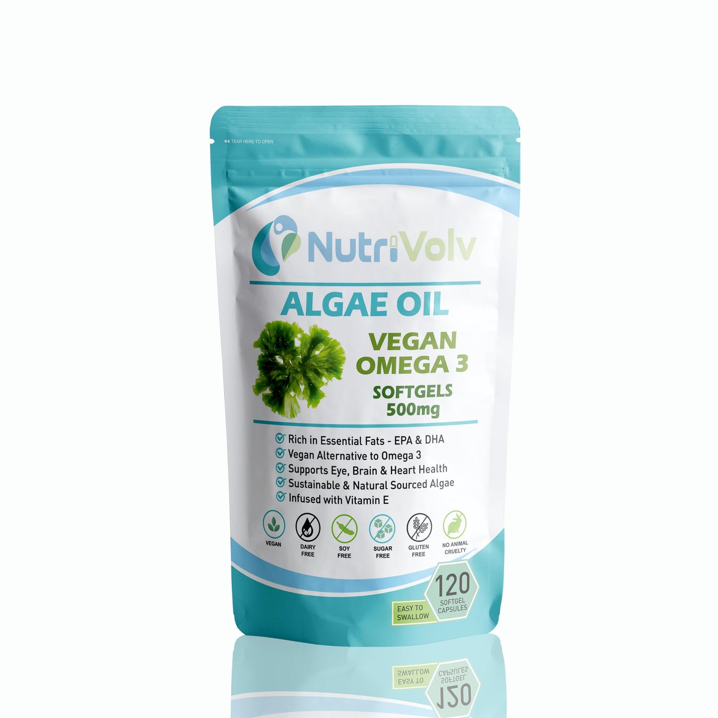 NutriVolv Vegan Omega 3 Algae Oil 500mg | 120 Vegan Softgels | DHA 200mg & EPA 100mg | Vegan Alternative to Omega 3 Fish Oil | Supports Eye, Brain & Heart Health | Essential Fatty Acid