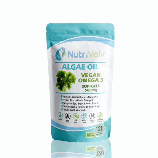 NutriVolv Vegan Omega 3 Algae Oil 500mg | 120 Vegan Softgels | DHA 200mg & EPA 100mg | Vegan Alternative to Omega 3 Fish Oil | Supports Eye, Brain & Heart Health | Essential Fatty Acid
