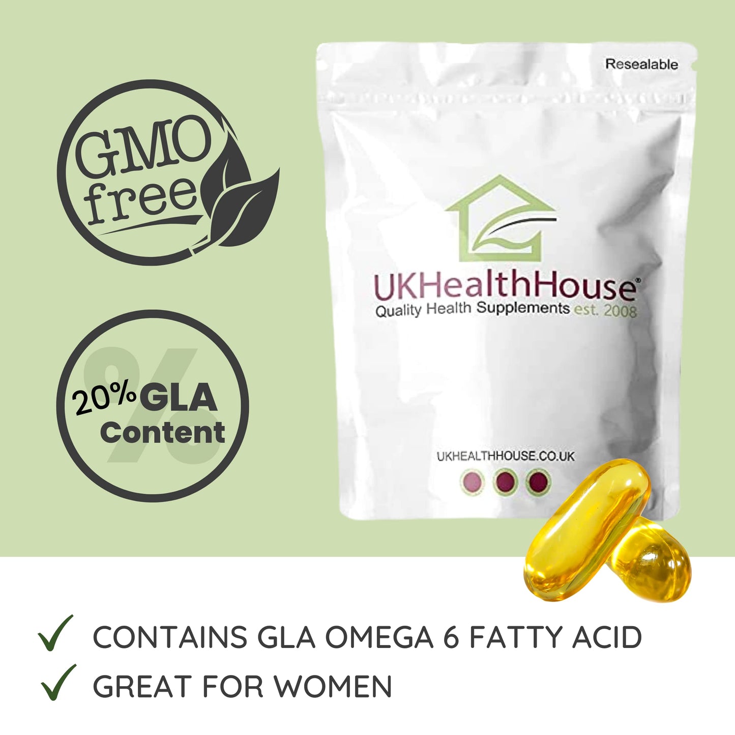 UKHealthHouse Starflower Oil – Borage Oil Capsules, 1000mg x 60 Capsules – 20% GLA Content – High Strength Omega 6 – Great for Skin, Digestion, Headaches, Women’s Health & More – 104.4g