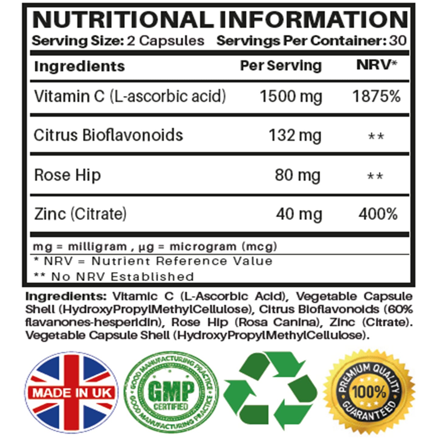 Vitamin C and Zinc Capsules | High Strength Vitamin C 1500mg and Zinc 40mg | Enhanced with Rosehip and Citrus Bioflavonoids | for Maintenance of Normal Immune System | 60 Vegan Capsules | Made in UK