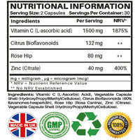 Vitamin C and Zinc Capsules | High Strength Vitamin C 1500mg and Zinc 40mg | Enhanced with Rosehip and Citrus Bioflavonoids | for Maintenance of Normal Immune System | 60 Vegan Capsules | Made in UK