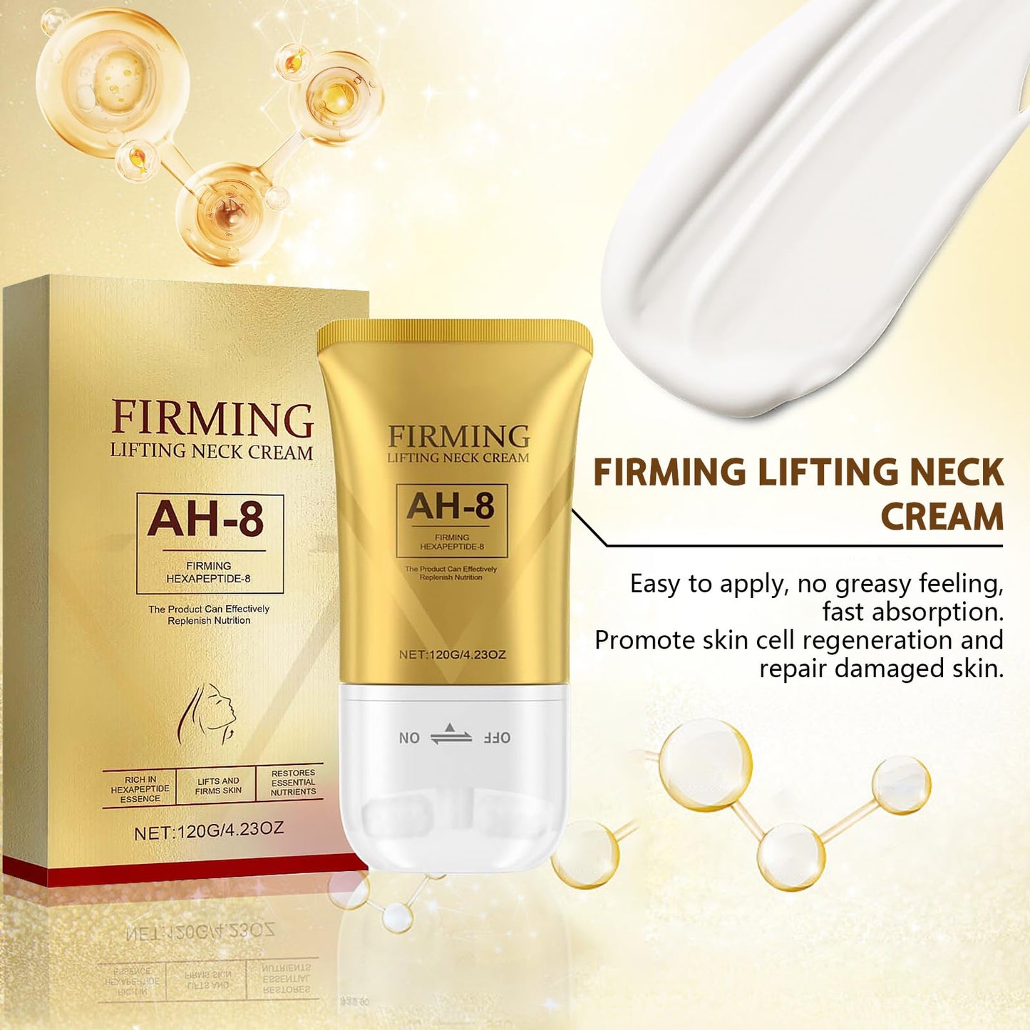 Gonggi AH-8 Firming Neck Cream, Tightening Lifting Sagging Skin, with Double Roller Massage, Reduce Wrinkles Fine Lines and Double Chin, Moisturizing (1PCS)