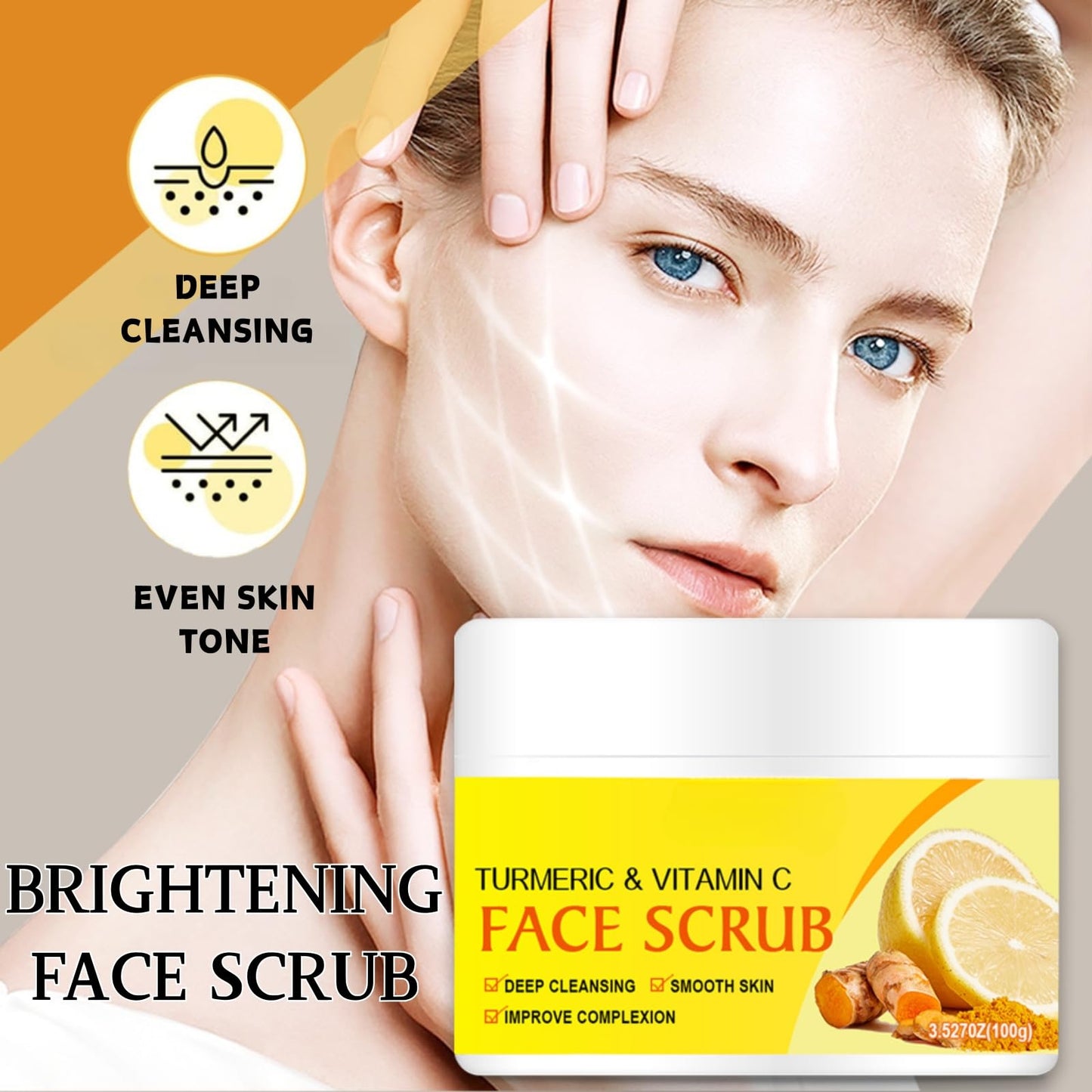 Shefave Turmeric & Vitamin C Face Scrub Exfoliator,Natural Facial Exfoliating Body Scrub,Facial Peeling Cream Brightening Srub for Women&Men-Improve Dark Spots Blackheads Acne,Even Skin Tone Skin Care, 100g