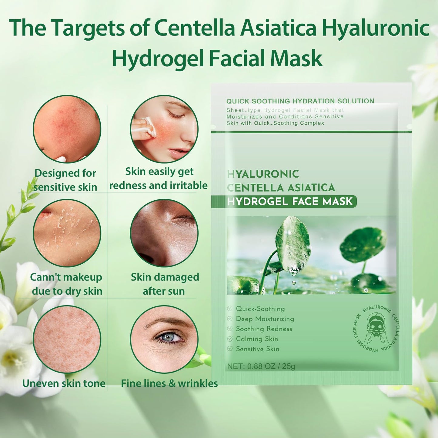 IREV Pack of 10 Centella Asiatica Calming Mask, Soothing Facial Masks with Aloe for Sensitive Skin, Daily Care Mositurizing Face Masks Skincare, Hyaluronic Acid Hydrating Sheet Face Mask Beauty Care