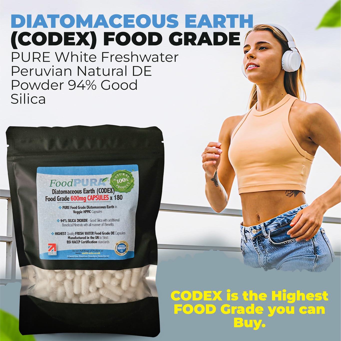 FoodPURA Food Grade Diatomaceous Earth Capsules (Codex) Pure White 94% Silica Fresh Water Sourced 600mg (180)