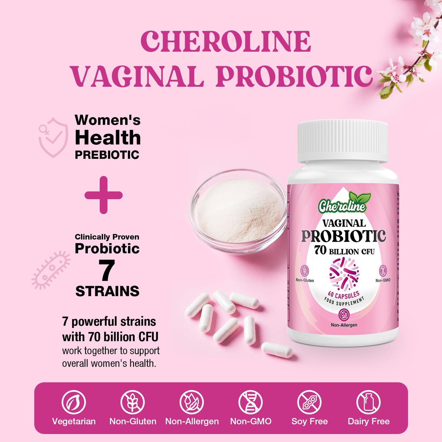 Cheroline Vaginal Probiotics for Women, 70 Billion CFU, 7 Strains with Prebiotic Blend, 13-in-1 Probiotic for PH Balance, Vaginal, Urinary & Immune Health, 60 Vegan Capsules (60 Count (Pack of 1))