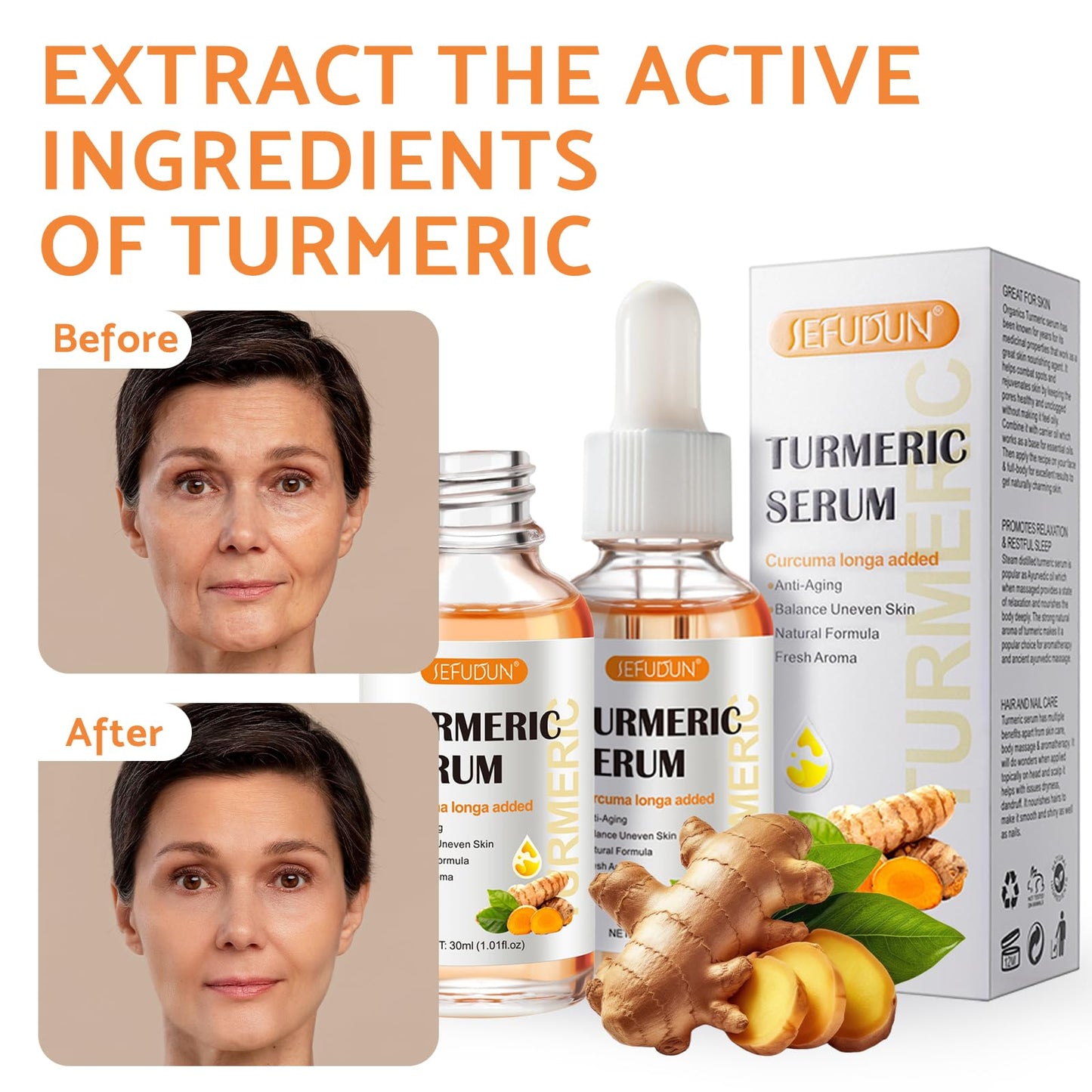 Leogony 2PCS Lightening Turmeric Serum Dark Spot Removal Corrector for Face Skin Glow, 30 ml, Anti Aging, Hydrating, Reduce Wrinkles