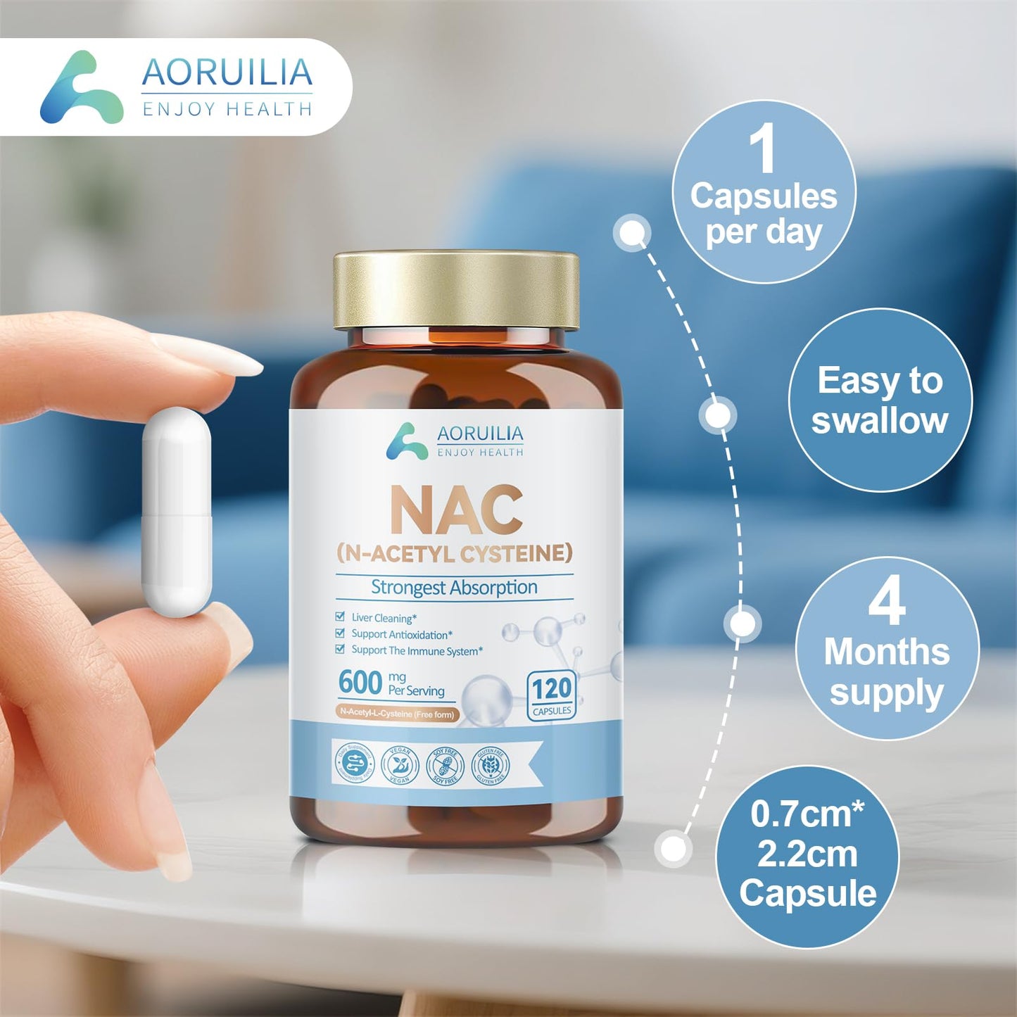 NAC Supplement, Pure N-Acetyl-Cysteine 600mg Ultra High Strength Bioavailability Amino Acid Free Form Formula, 120 Capsules (4 Month Supply)