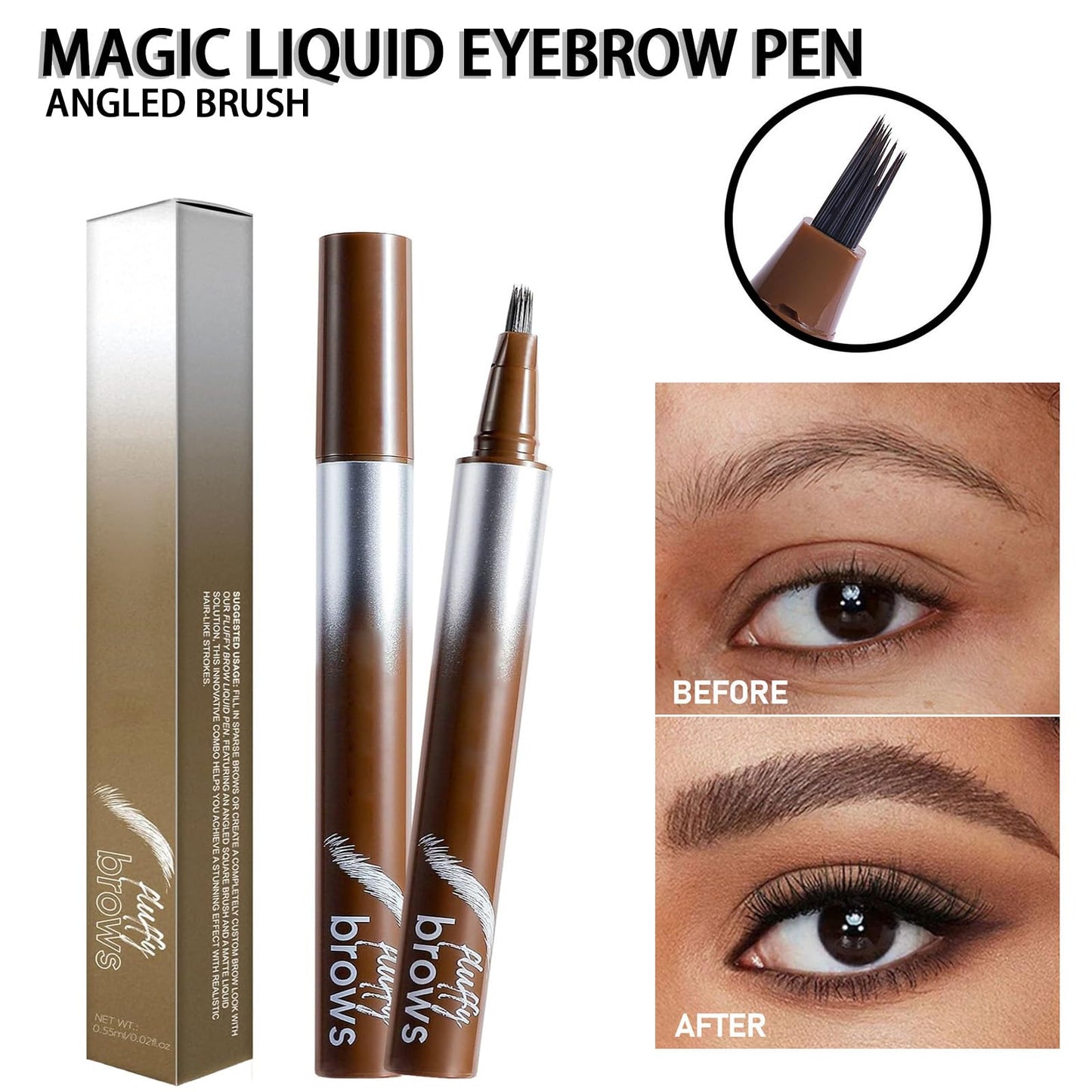 Magic Liquid Eyebrow Pen & Angled Brush Pencil - Waterproof, Long-Lasting For Natural Full Brows (03 Espresso)