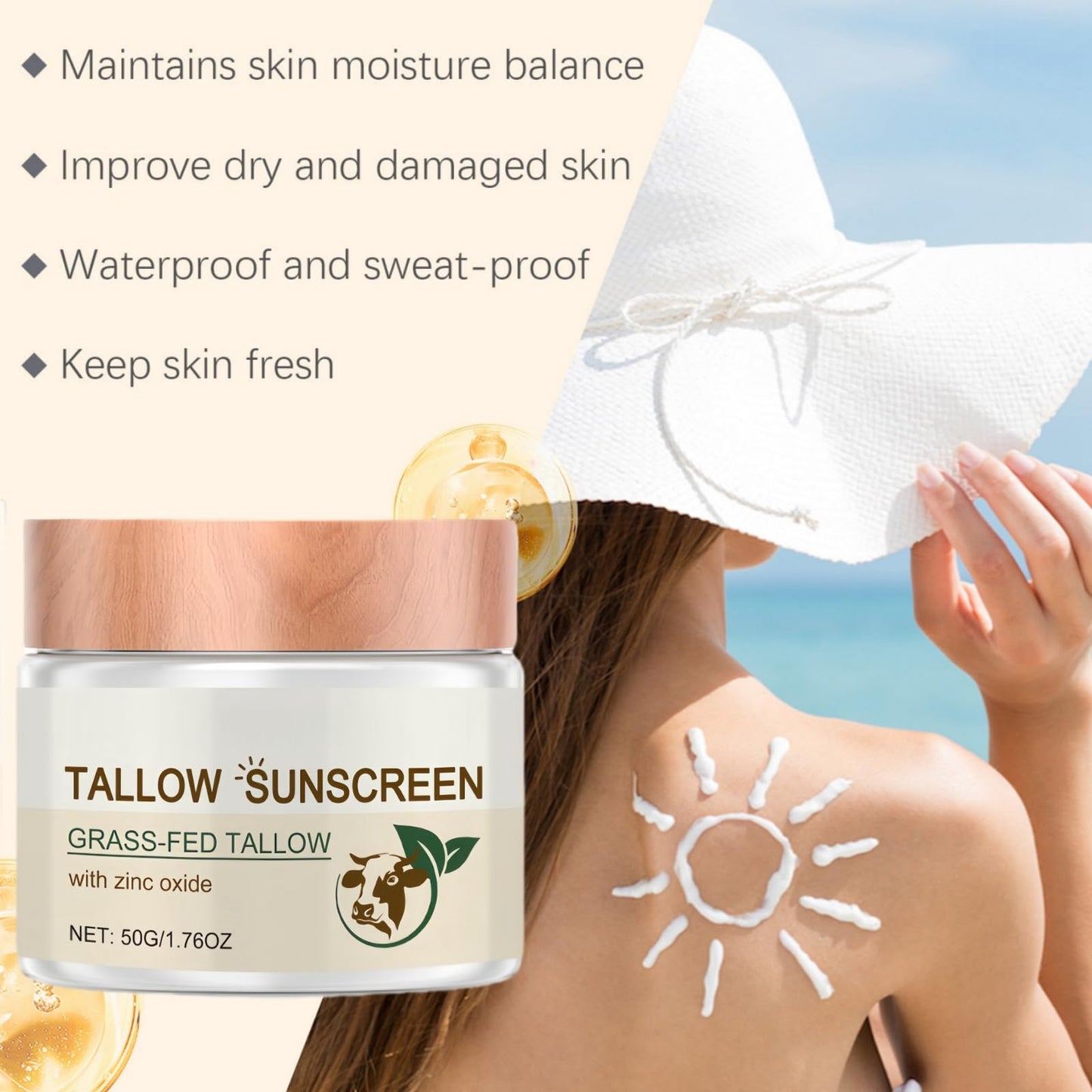SingHao Beef Tallow Sunscreen SPF 50,Beef Tallow Balm for Skin,Sun Crea/m Face Moisturiser,Be/ef Tall/ow Skin Care,Tall/ow Balm Instant Sun Protection,SP/F 50 Face Moisturiser,Be/ef Tall/ow Cre/am Face Cream