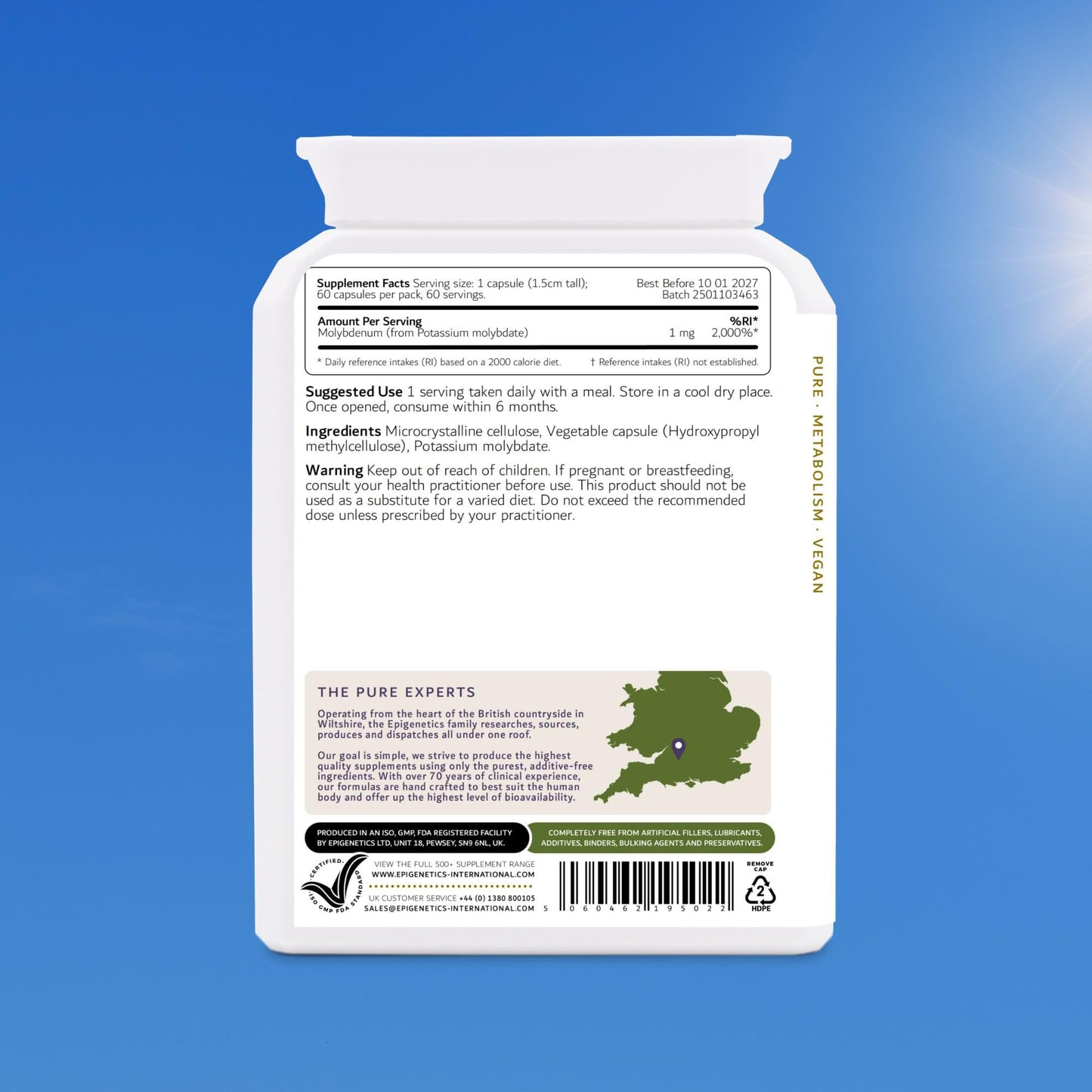 Molybdenum Capsules | Highly Bioavailable Supplement | 60 Capsules, Long 2-Month Supply Without Fillers, Binders or Additives | 1mg Potassium Molybdate Per Serving | Made in The UK & Vegan Friendly