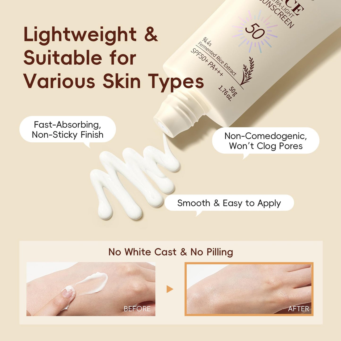 ThamGlow Rice Ultra-Light Sunscreen SPF 50+ PA +++, Rice Face Cream With SPF, Face Sun Cream Lightweight Non Greasy Sunscreen, Invisible UVA/UVB Protection, Hydrating Formula, No White Cast