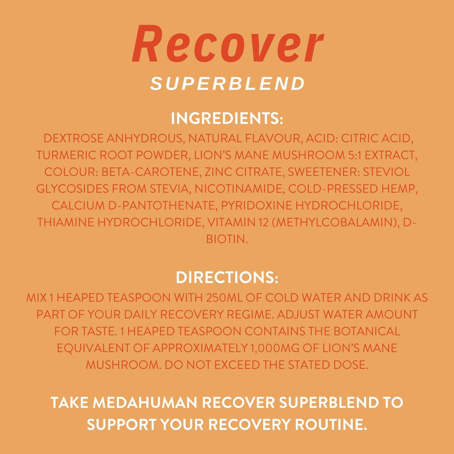 MEDAHUMAN Recover Mushroom & Adaptogen Superblend Powder, with Lions Mane 1000mg, B Vitamins, Zinc, Turmeric & Ginger, Orange Flavour, Aids Recovery & Immunity, Orange Flavour, 1 x 150g