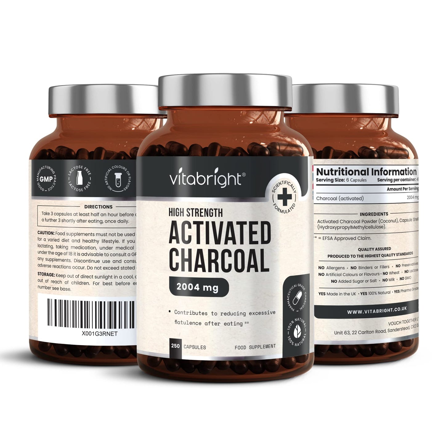 Activated Charcoal Capsules - 250 Capsules - 2004mg per Serving of 6 Capsules - from Natural Coconut Shell - for Indigestion, Bloating, Excessive Flatulence, Gas - Vegan - Made in UK by VitaBright