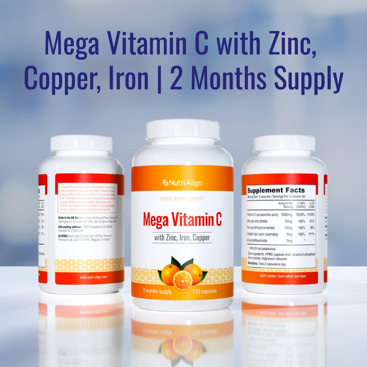 Nutri-Align Mega Vitamin C | 120 High Strength Vitamin C Capsules 1000mg VIT C per Serving - VIT C and Zinc, Iron & Copper Supplement | Gluten & Sugar Free | Made in the UK