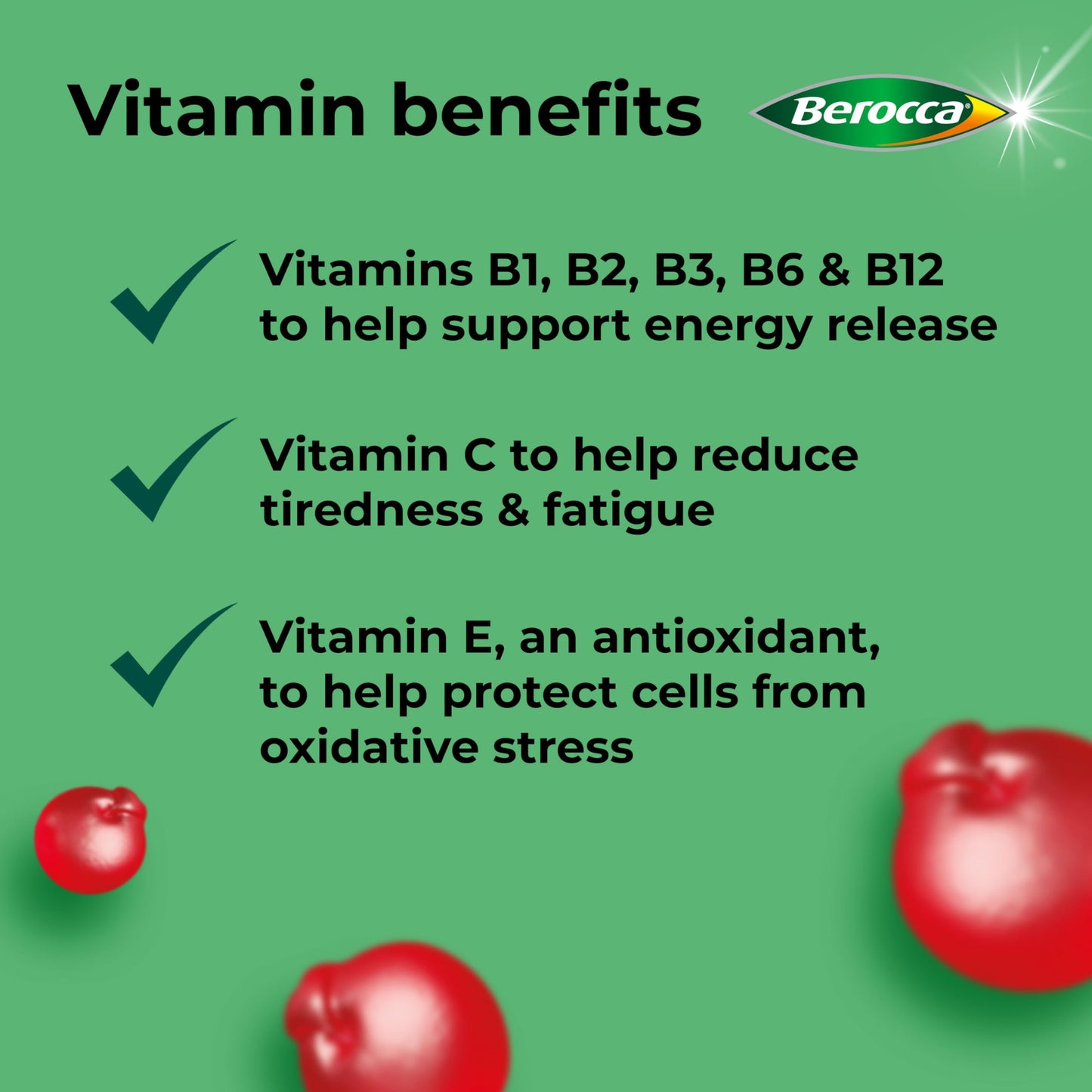 Berocca Multi-Action Gummy Vitamins, Cherry Flavour, 10 Essential Vitamins, Including B1 & B2 to Support Energy Release and C to Help Reduce Tiredness & Fatigue, 60 chewable Gummies.