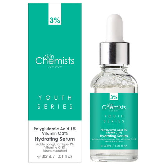 skinChemists Hydrating Serum with Polyglutamic Acid 1%, Vitamin C 3% 30ml | Fights Fine Lines, Wrinkles, & Pigmentation - Provides Lasting Hydration & Luminous Effect