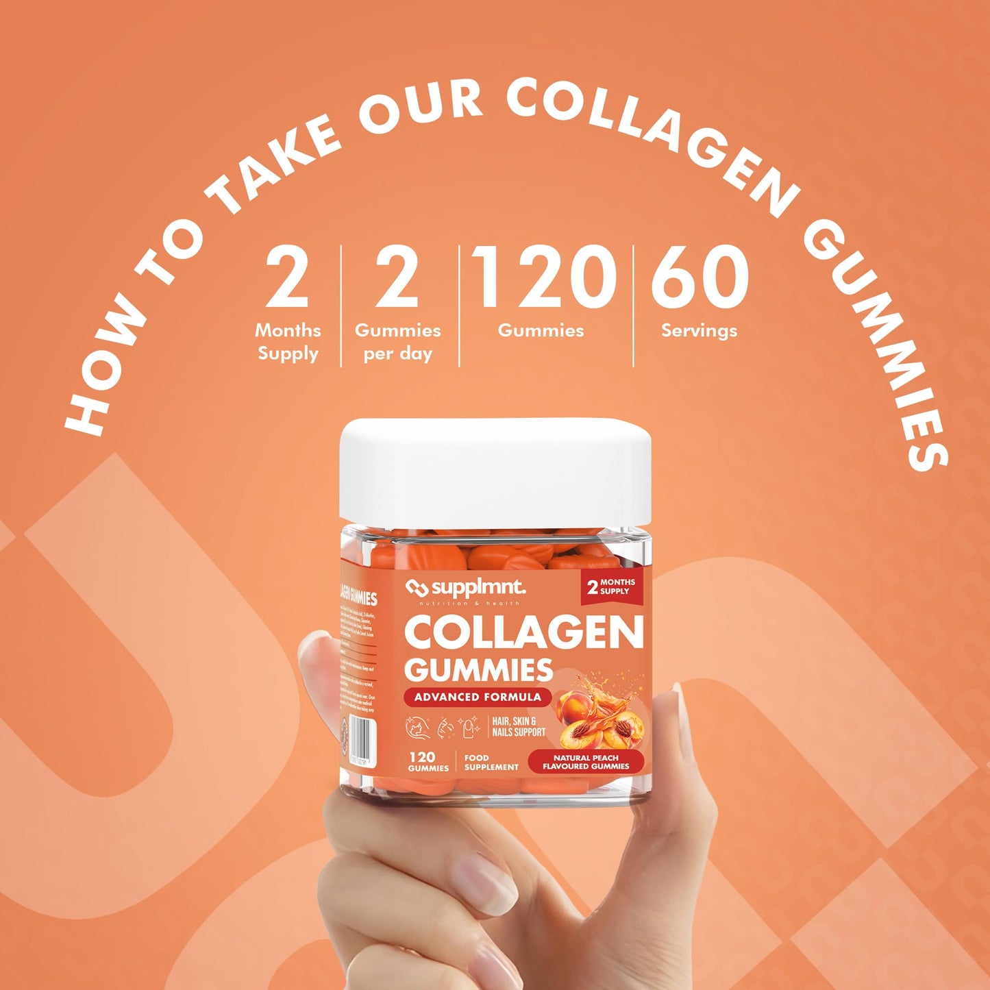 supplmnt. Marine Collagen Gummies - Hydrolysed Collagen Peptides with Biotin, Hyaluronic Acid & Vitamin C - Collagen Supplements for Women and Men - 120 Gummies. Collagen for Skin, Hair & Nails 2 Months Supply
